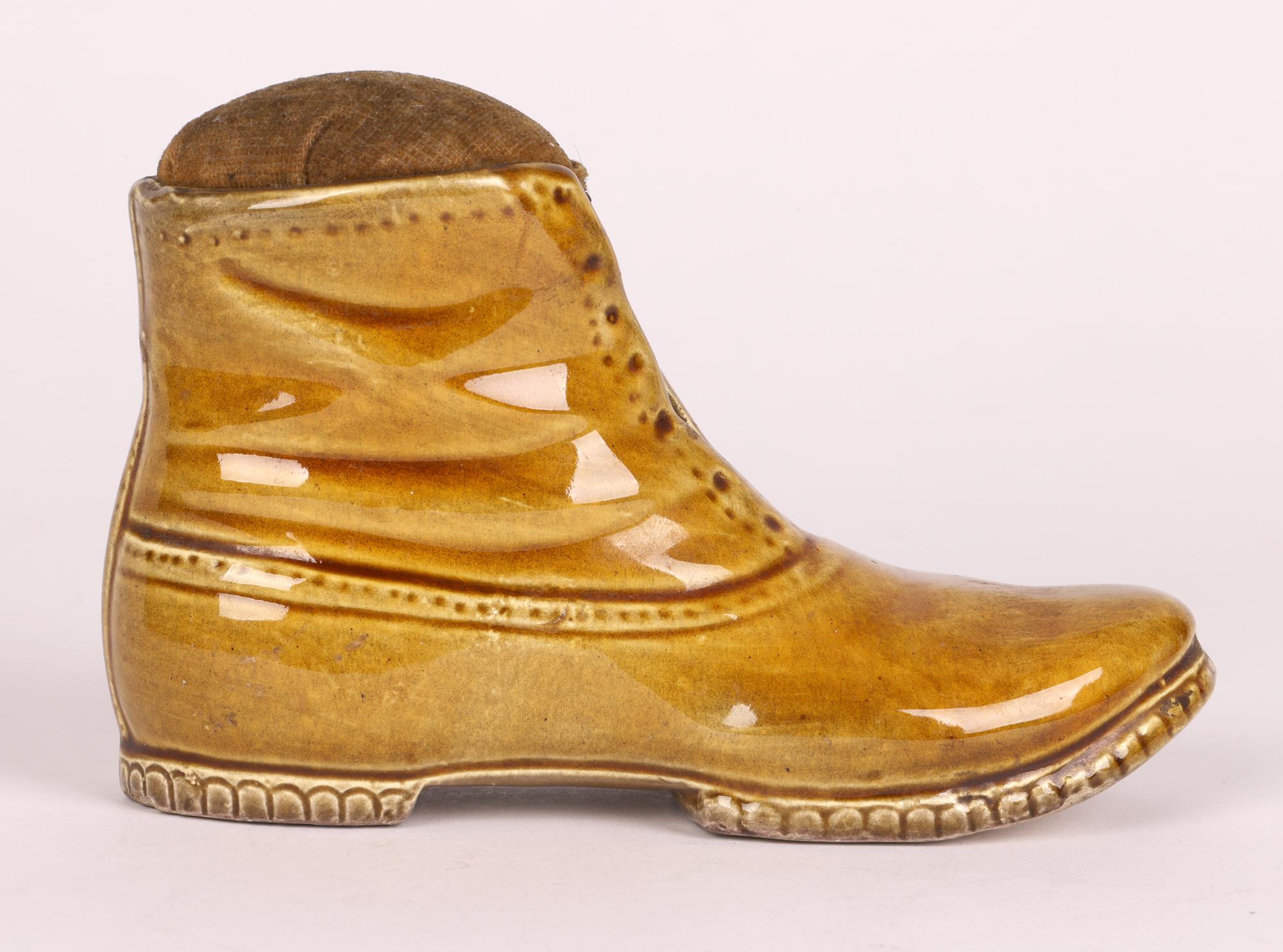 19th Century Victorian Honey Glazed Pottery Boot Pin Cushion For Sale