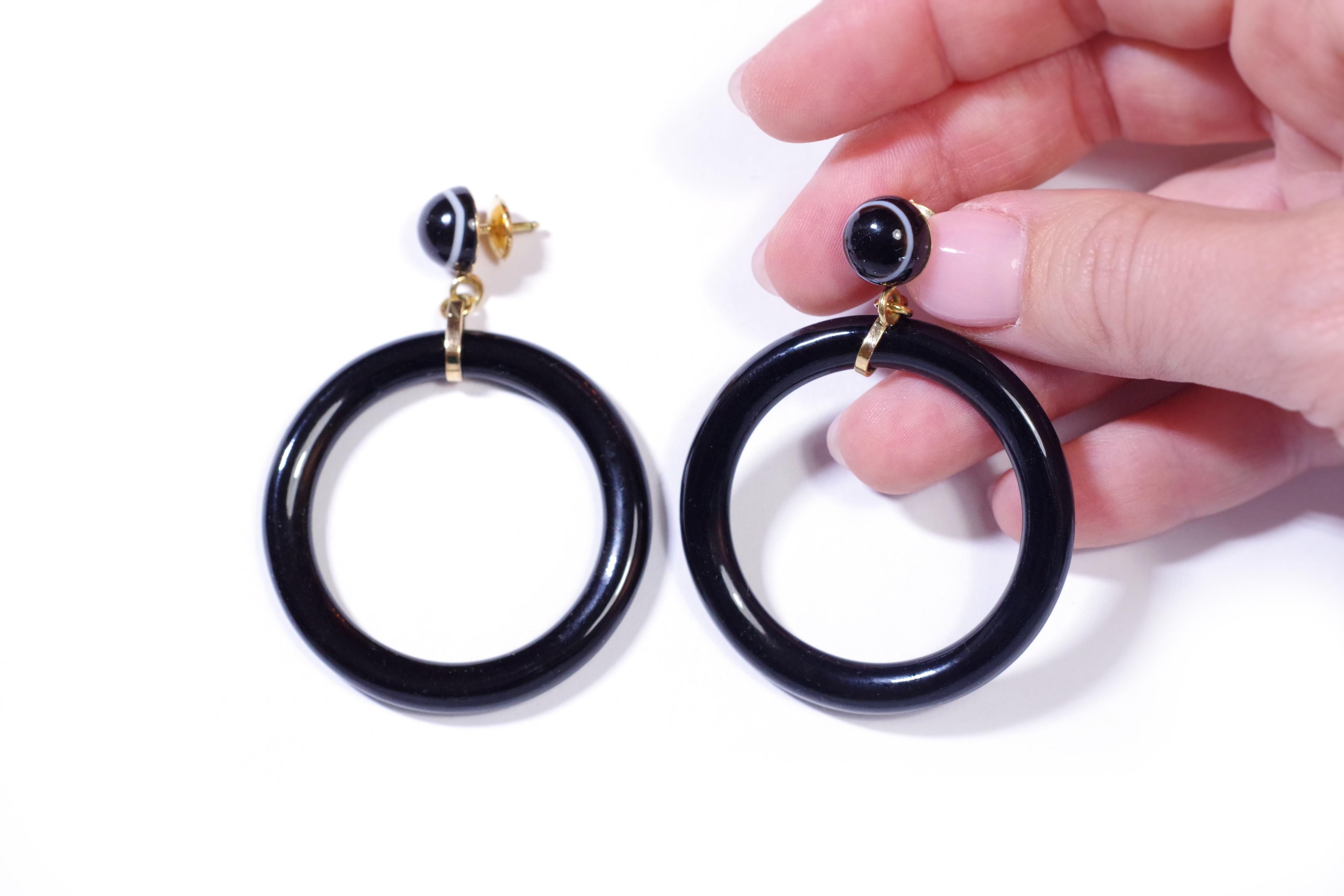 Late Victorian Victorian Hoop Onyx Earrings in Yellow Gold, Mourning Earrings