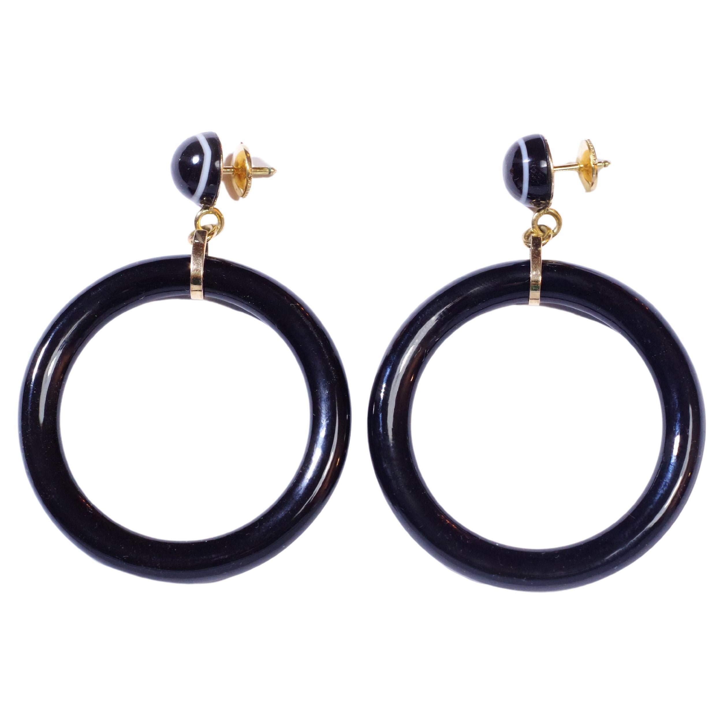 Victorian Hoop Onyx Earrings in Yellow Gold, Mourning Earrings