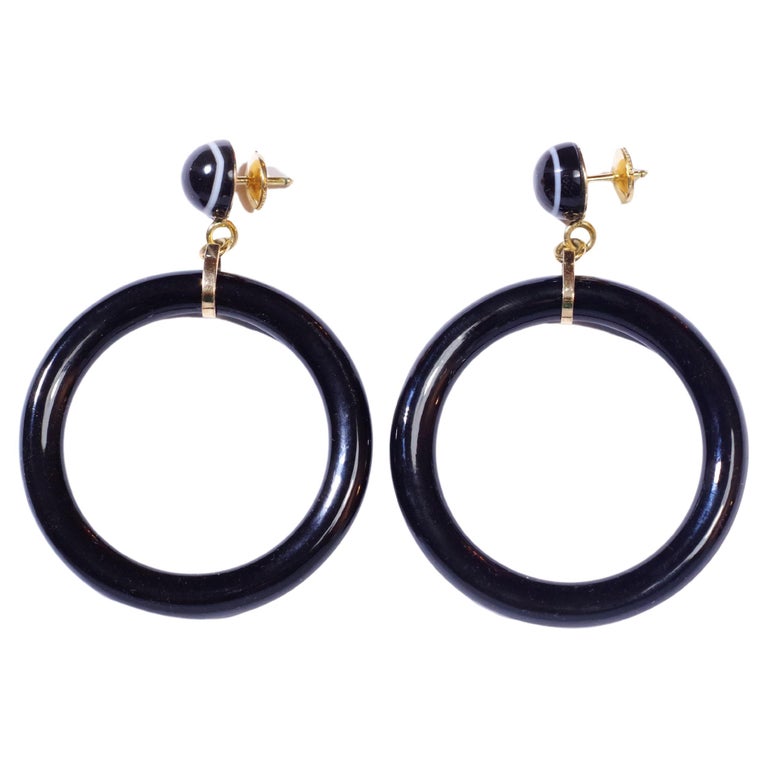 Victorian Hoop Onyx Earrings in Yellow Gold, Mourning Earrings For Sale