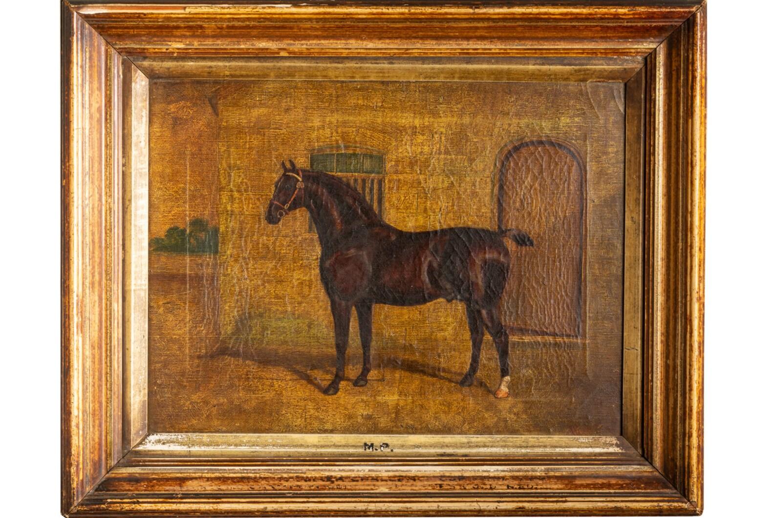 Ancienne peinture à l'huile victorienne de la fin du XIXe siècle, vers 1885, d'Albert Clark (1843-1928) représentant un cheval de chasse se tenant probablement à l'extérieur des écuries et peinte au centre de la composition avec les arbres visibles
