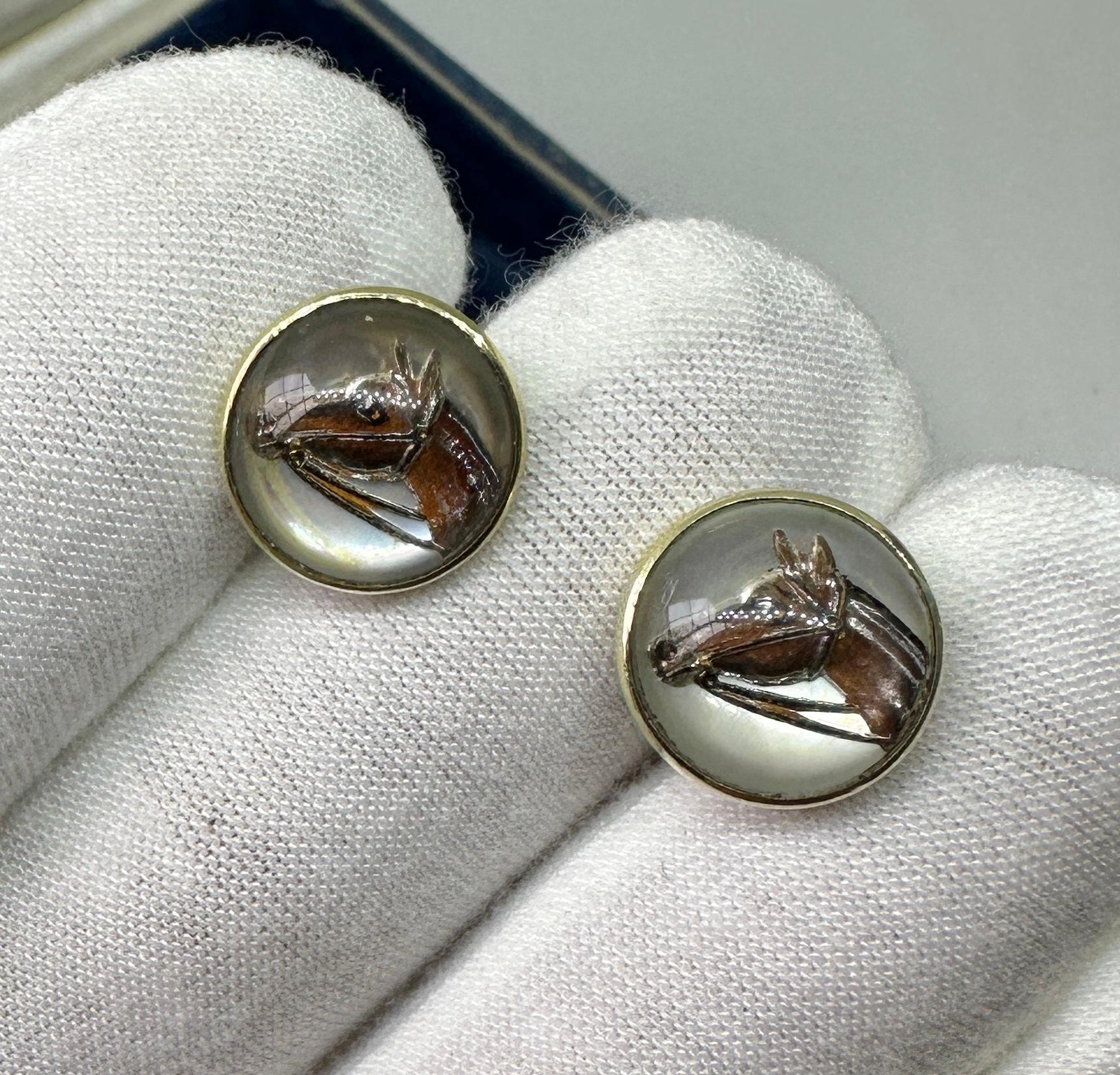 This is a gorgeous and very rare pair of Antique Victorian Horse Essex Crystal Earrings in 14 Karat Gold.  These are spectacular Museum Quality earrings.  The Essex Crystal earrings are in superb condition.  They depict wonderful horse heads and are