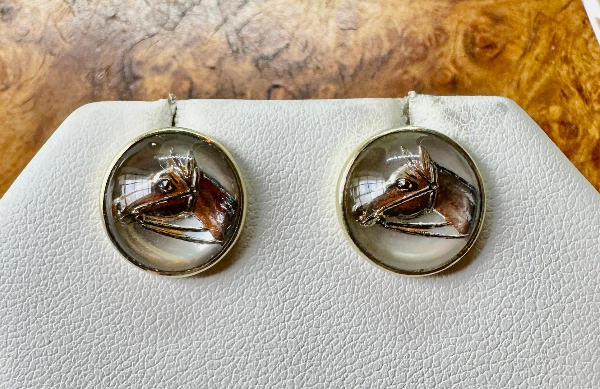 Cabochon Victorian Horse Essex Crystal Earrings Enamel 14 Karat Gold Equestrian Racing For Sale