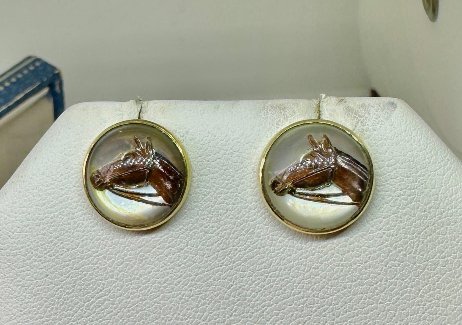 Victorian Horse Essex Crystal Earrings Enamel 14 Karat Gold Equestrian Racing In Excellent Condition For Sale In New York, NY