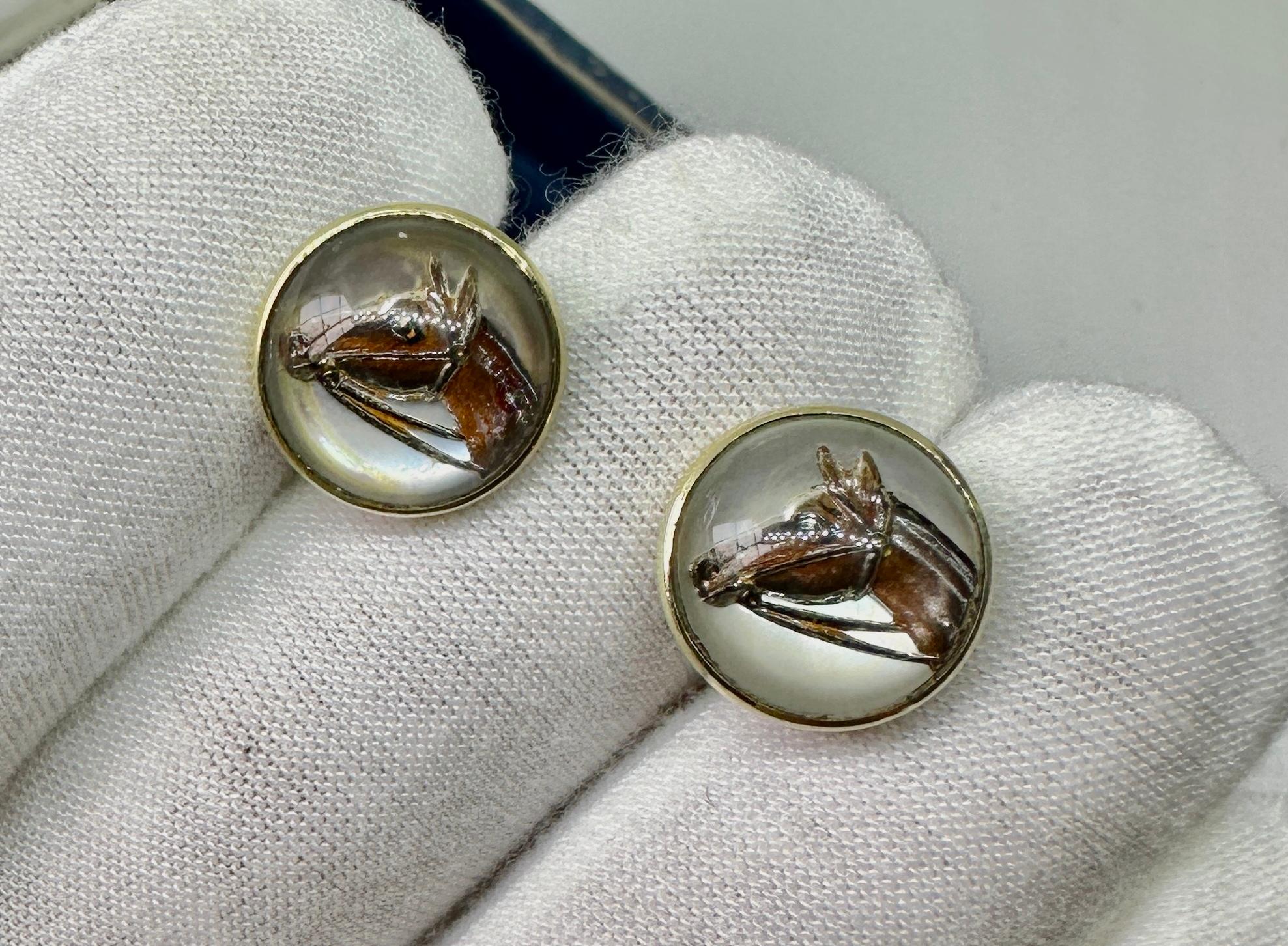 Women's Victorian Horse Essex Crystal Earrings Enamel 14 Karat Gold Equestrian Racing For Sale