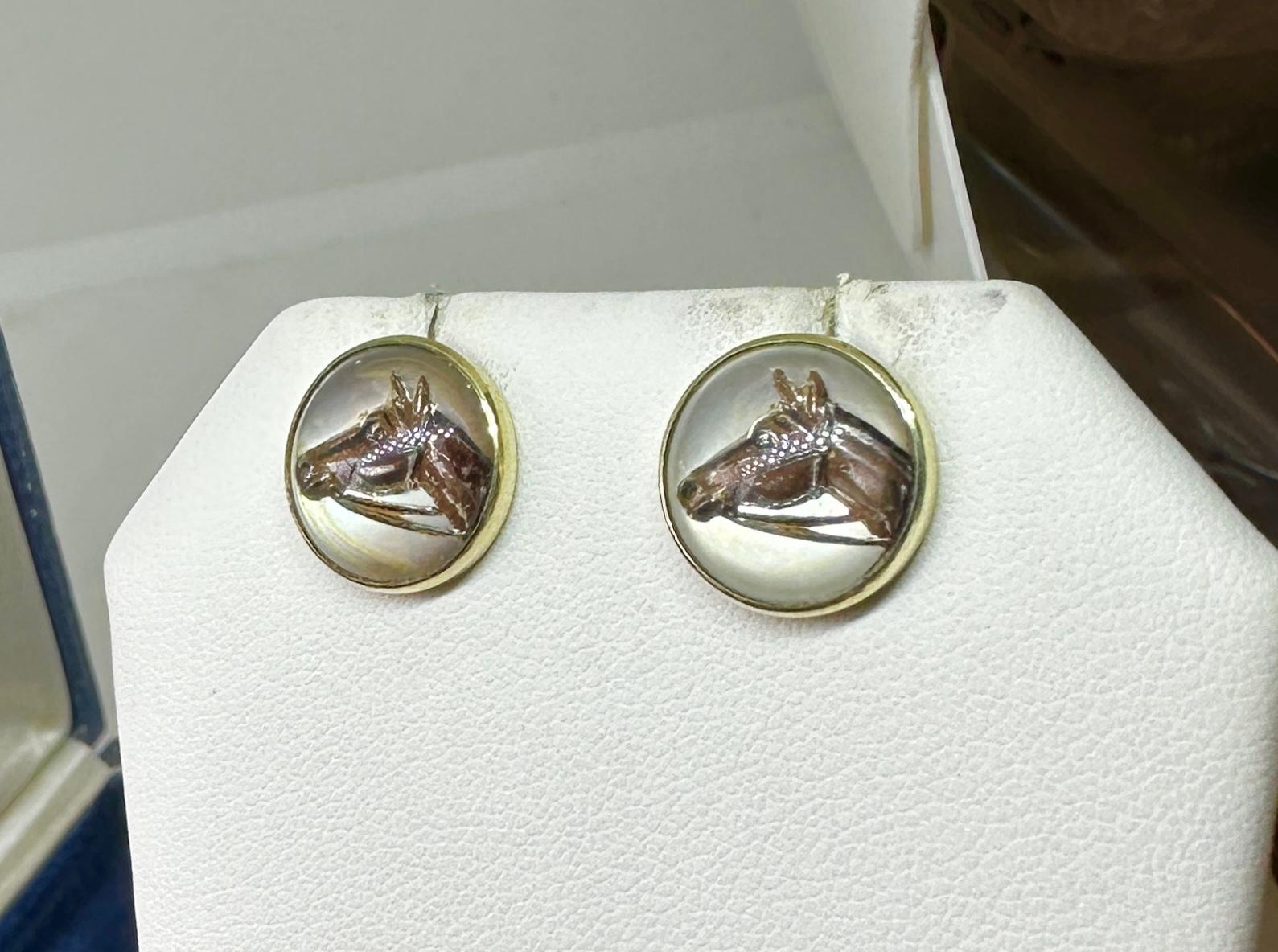 Victorian Horse Essex Crystal Earrings Enamel 14 Karat Gold Equestrian Racing For Sale 1