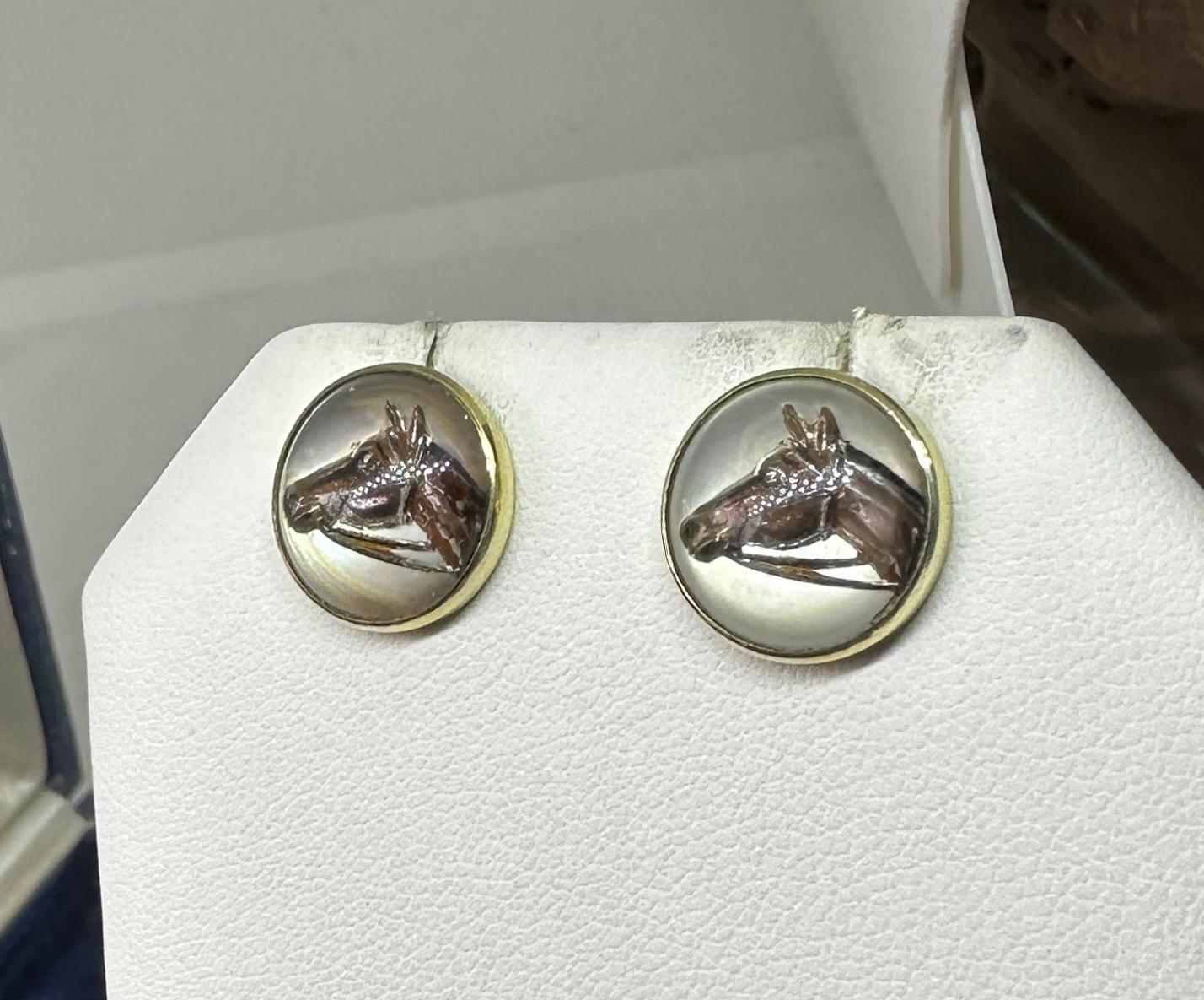 Victorian Horse Essex Crystal Earrings Enamel 14 Karat Gold Equestrian Racing For Sale 2