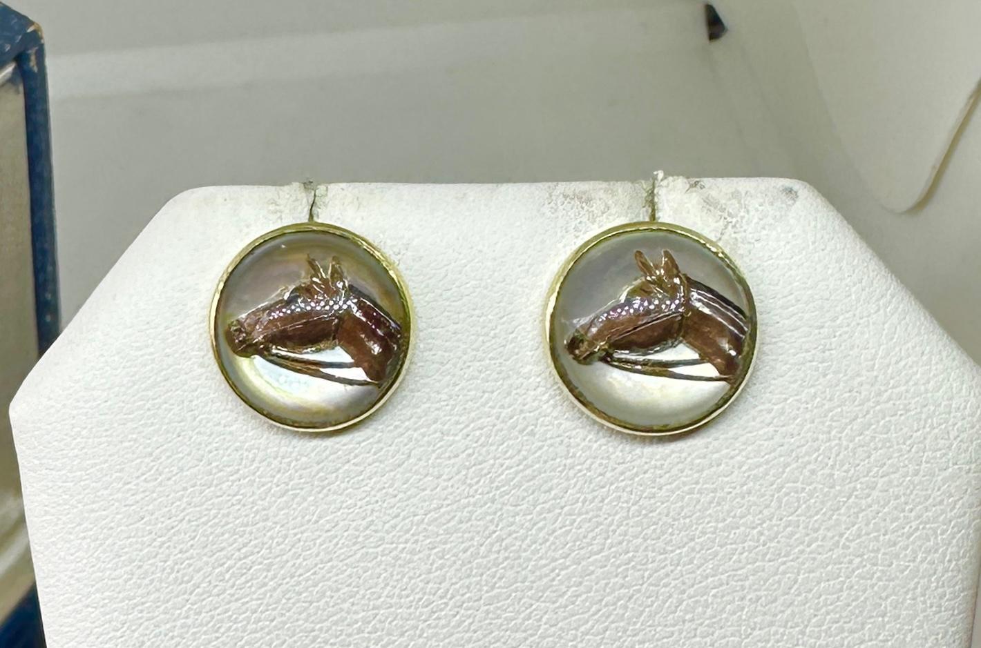 Victorian Horse Essex Crystal Earrings Enamel 14 Karat Gold Equestrian Racing For Sale 3