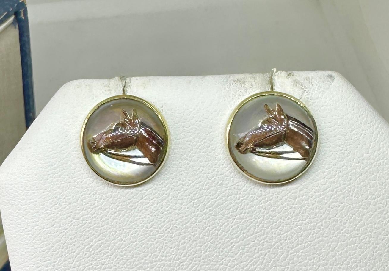 Victorian Horse Essex Crystal Earrings Enamel 14 Karat Gold Equestrian Racing For Sale 4
