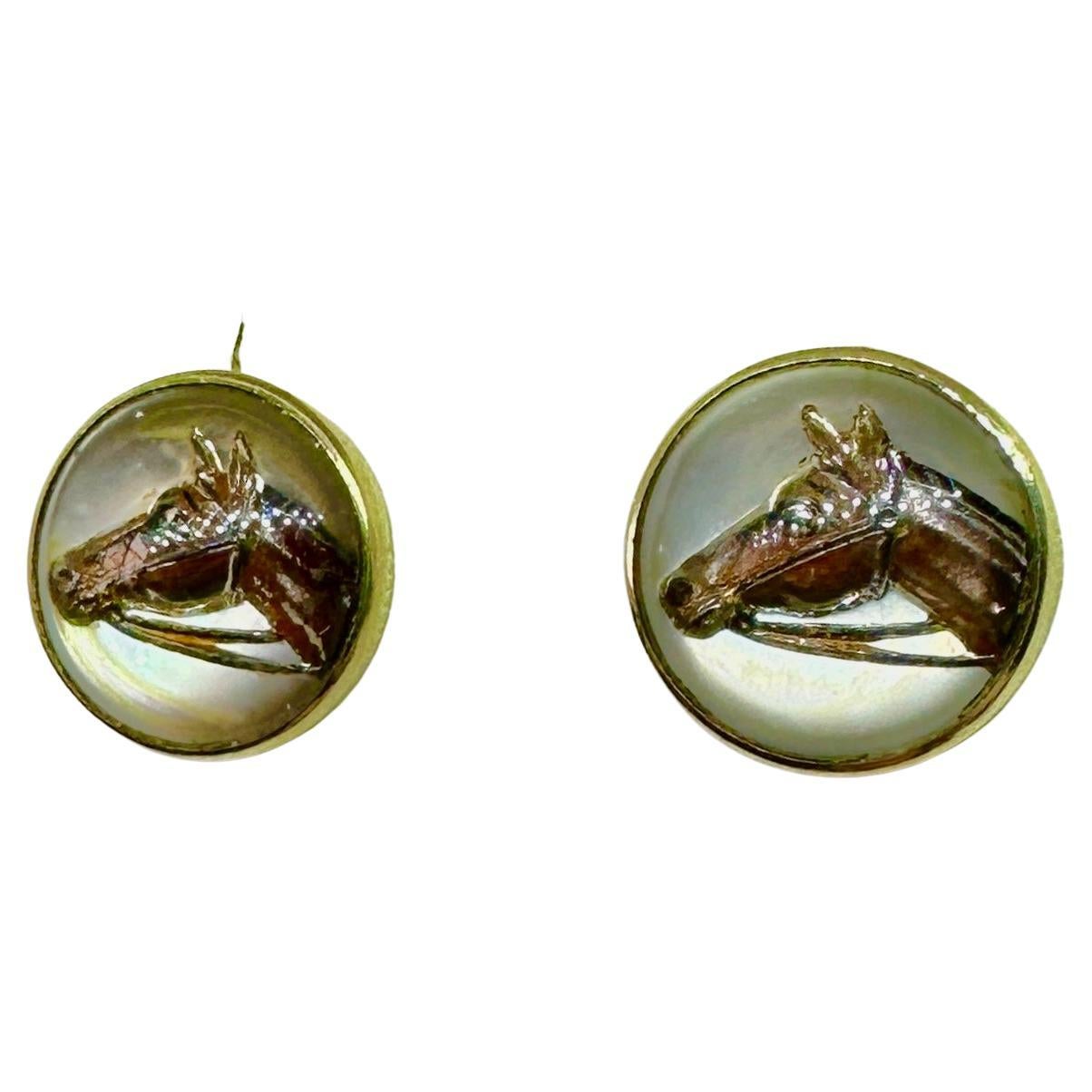 Victorian Horse Essex Crystal Earrings Enamel 14 Karat Gold Equestrian Racing