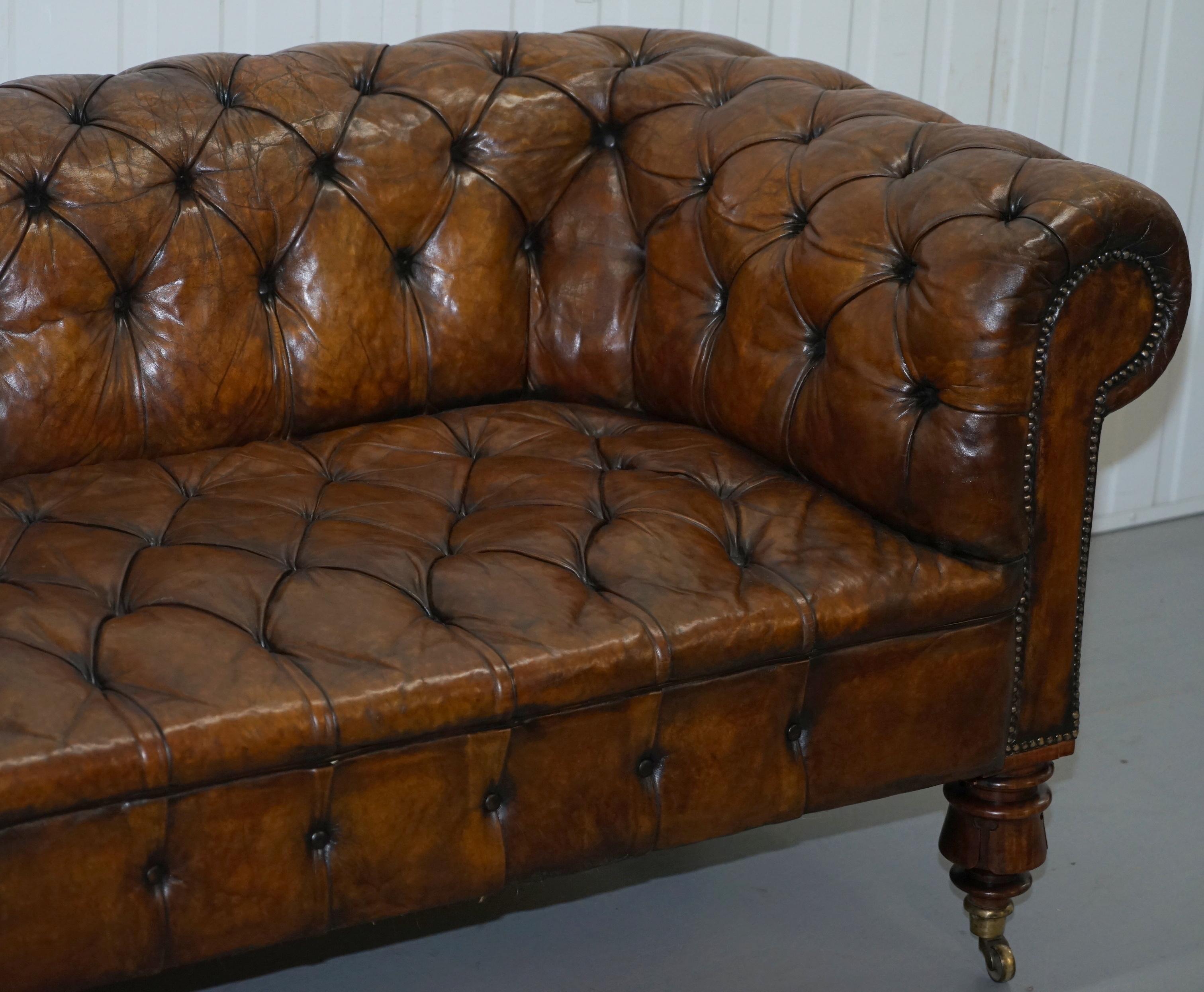 Victorian Horse Hair Fully Restored Brown Leather Chesterfield Sofa Redwood Leg 3