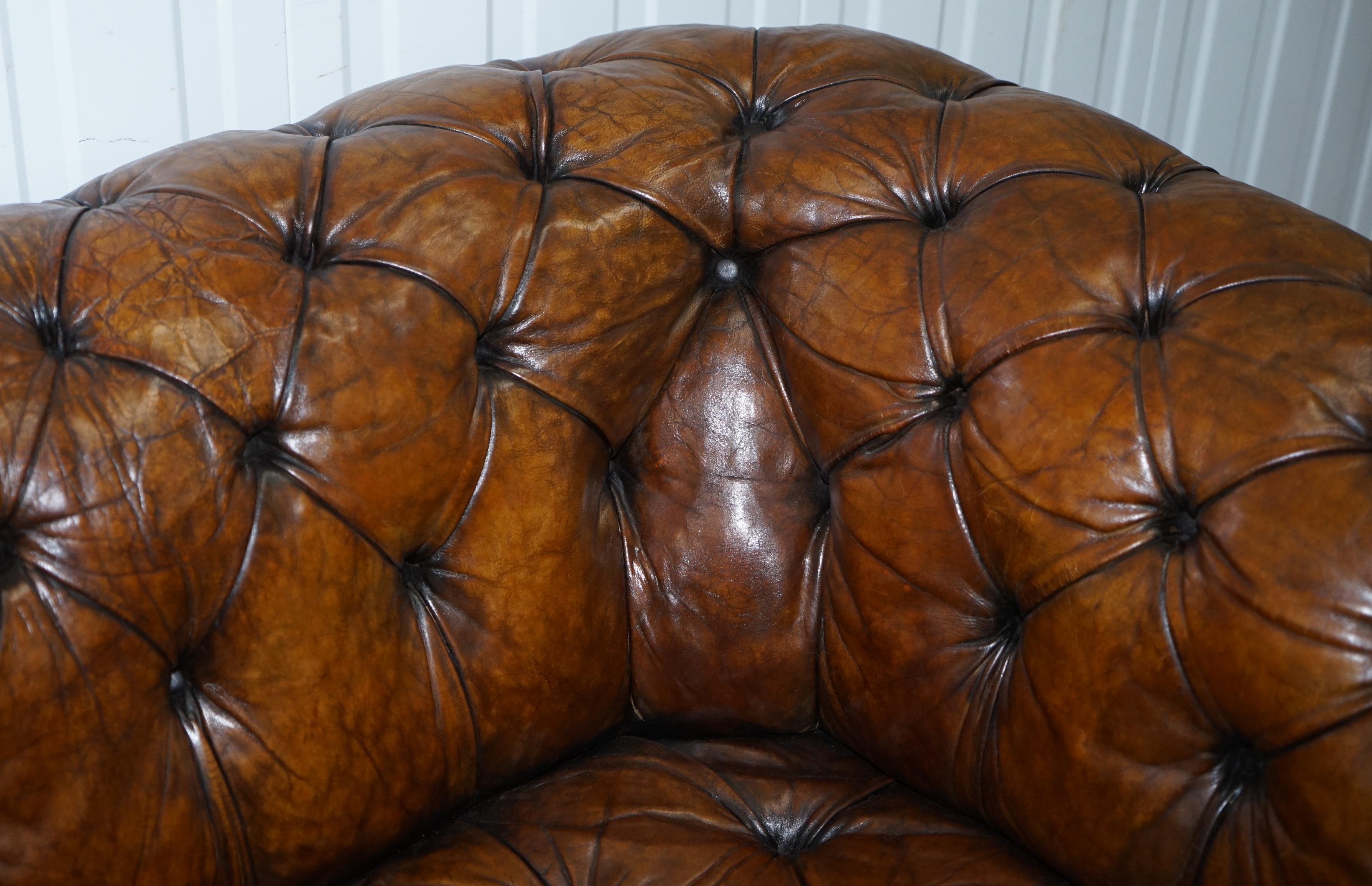 Victorian Horse Hair Fully Restored Brown Leather Chesterfield Sofa Redwood Leg 3