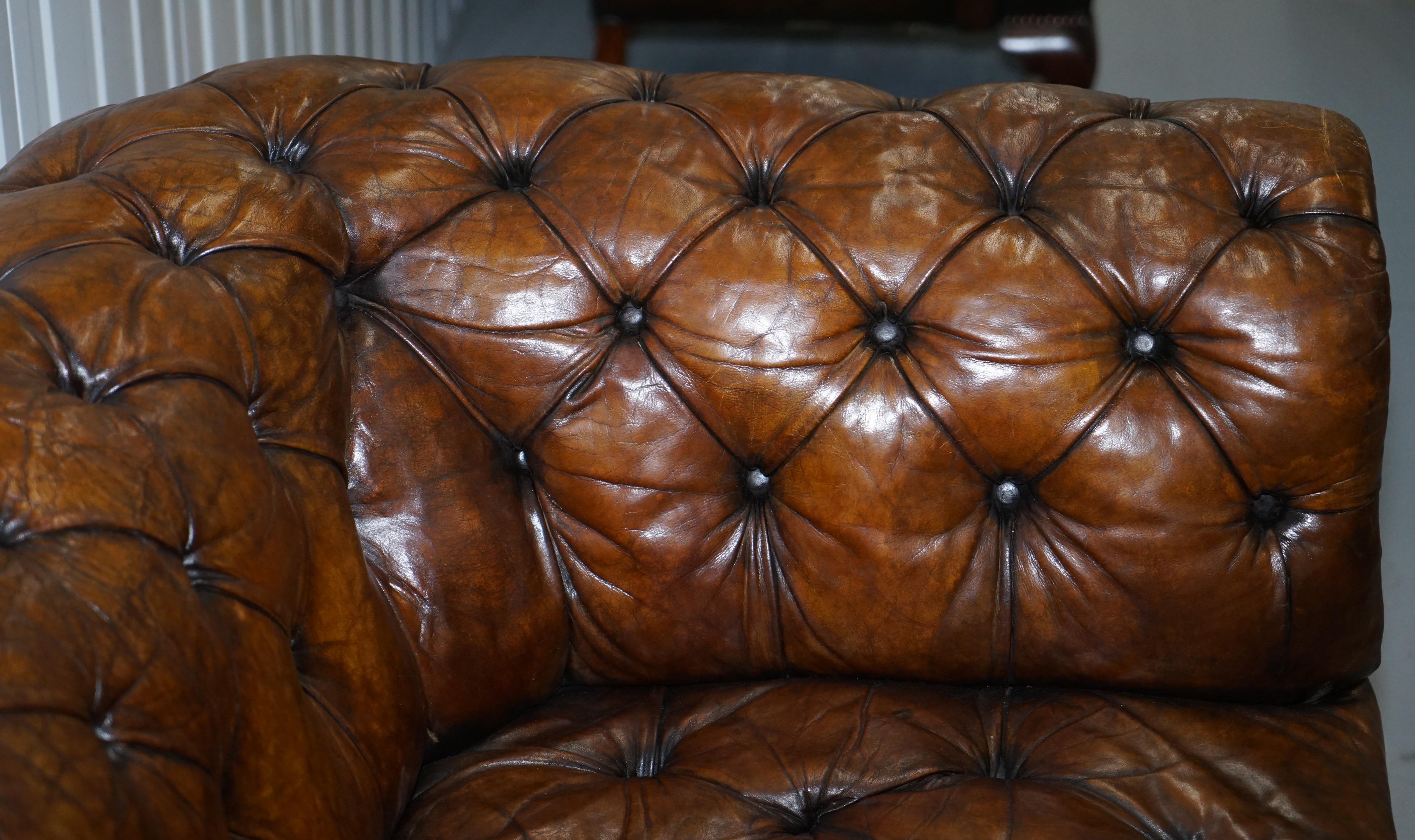 Victorian Horse Hair Fully Restored Brown Leather Chesterfield Sofa Redwood Leg 5