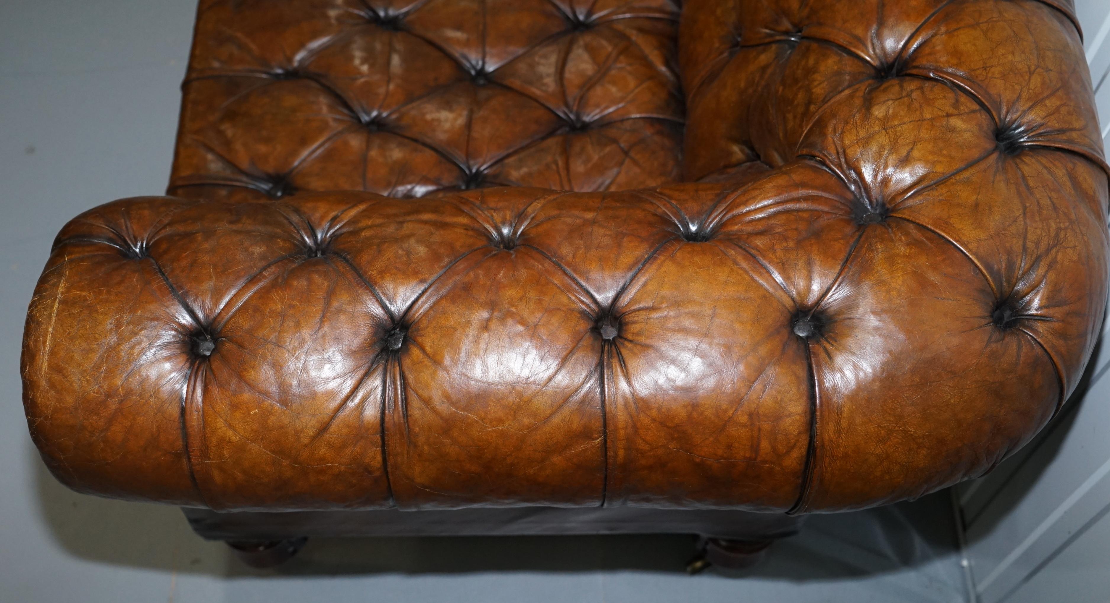 Victorian Horse Hair Fully Restored Brown Leather Chesterfield Sofa Redwood Leg 6