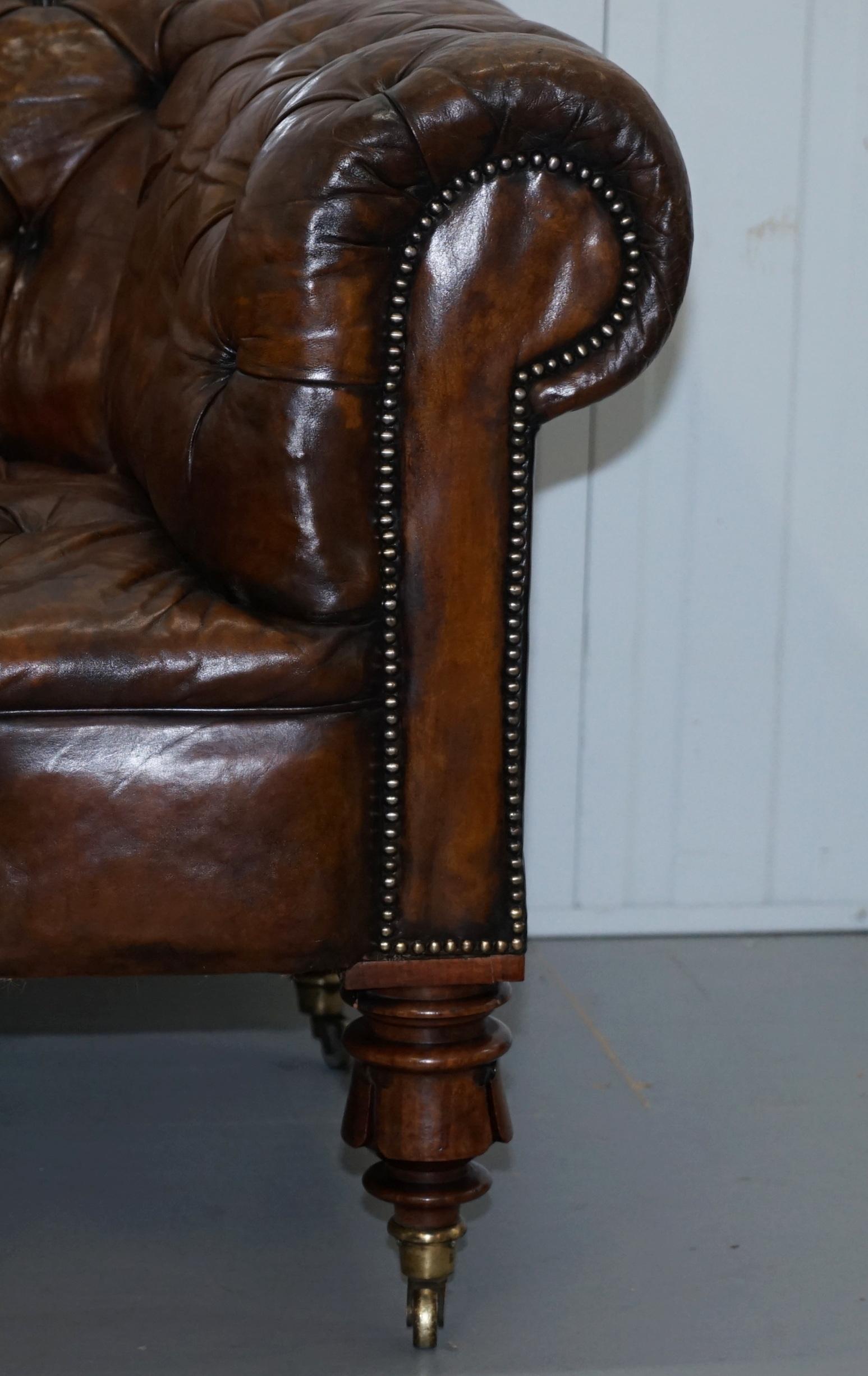 Victorian Horse Hair Fully Restored Brown Leather Chesterfield Sofa Redwood Leg 7