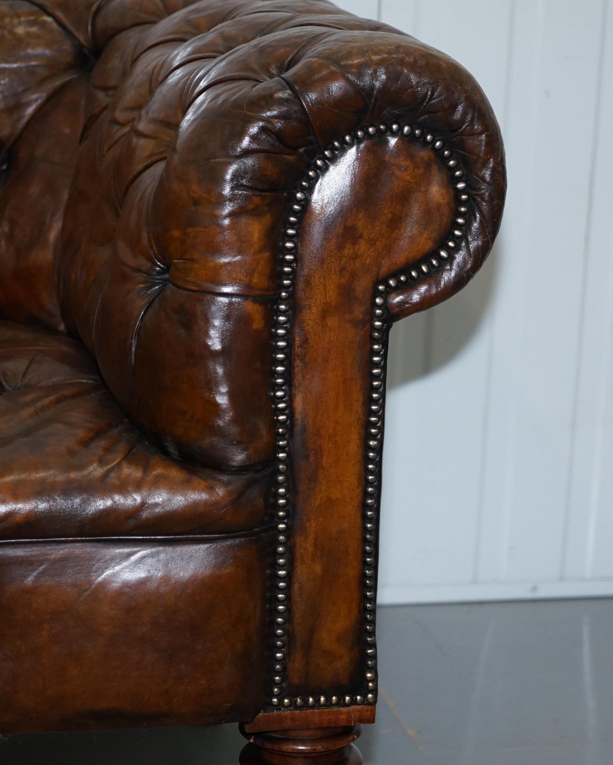 Victorian Horse Hair Fully Restored Brown Leather Chesterfield Sofa Redwood Leg 8