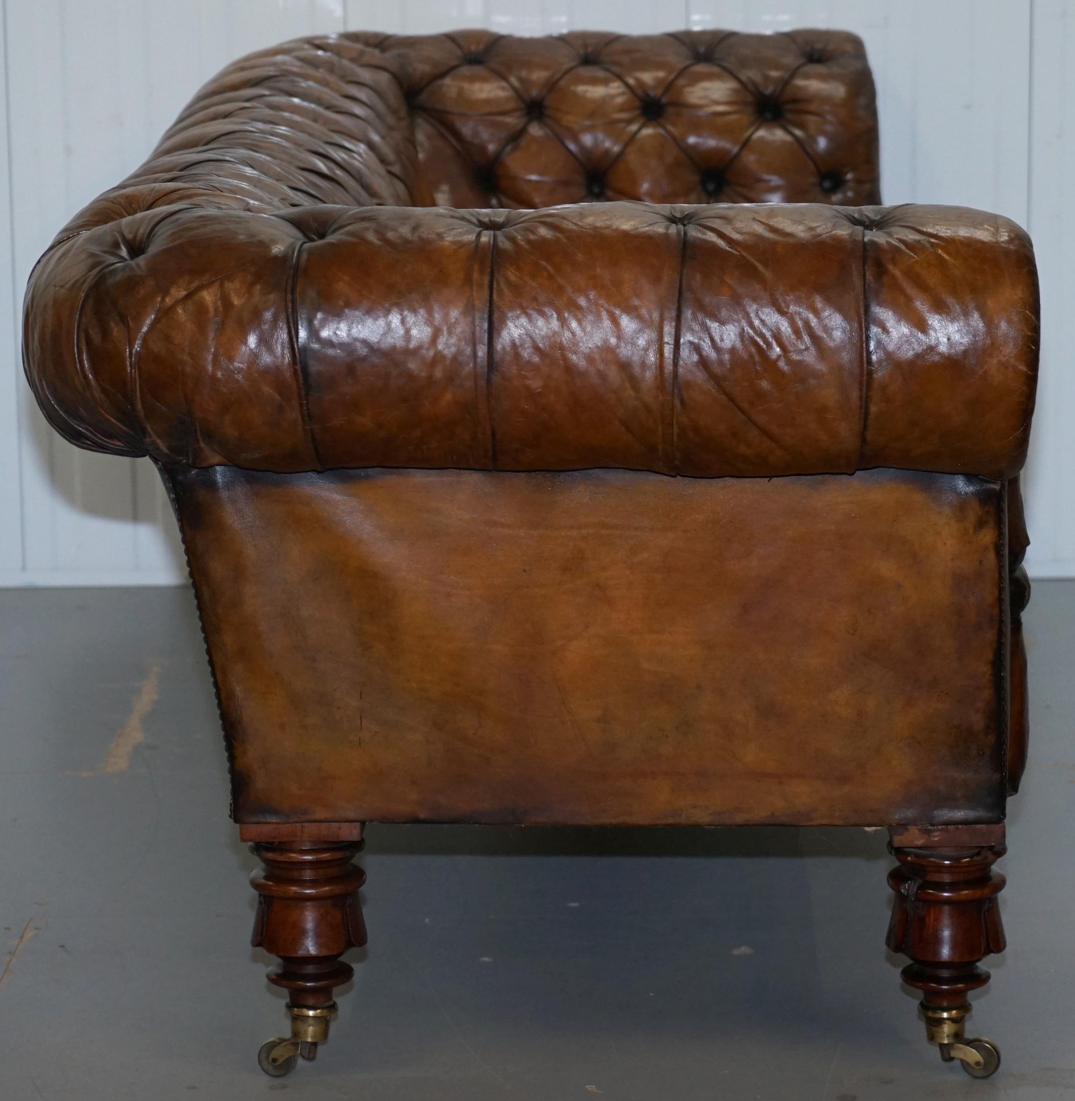 Victorian Horse Hair Fully Restored Brown Leather Chesterfield Sofa Redwood Leg 9