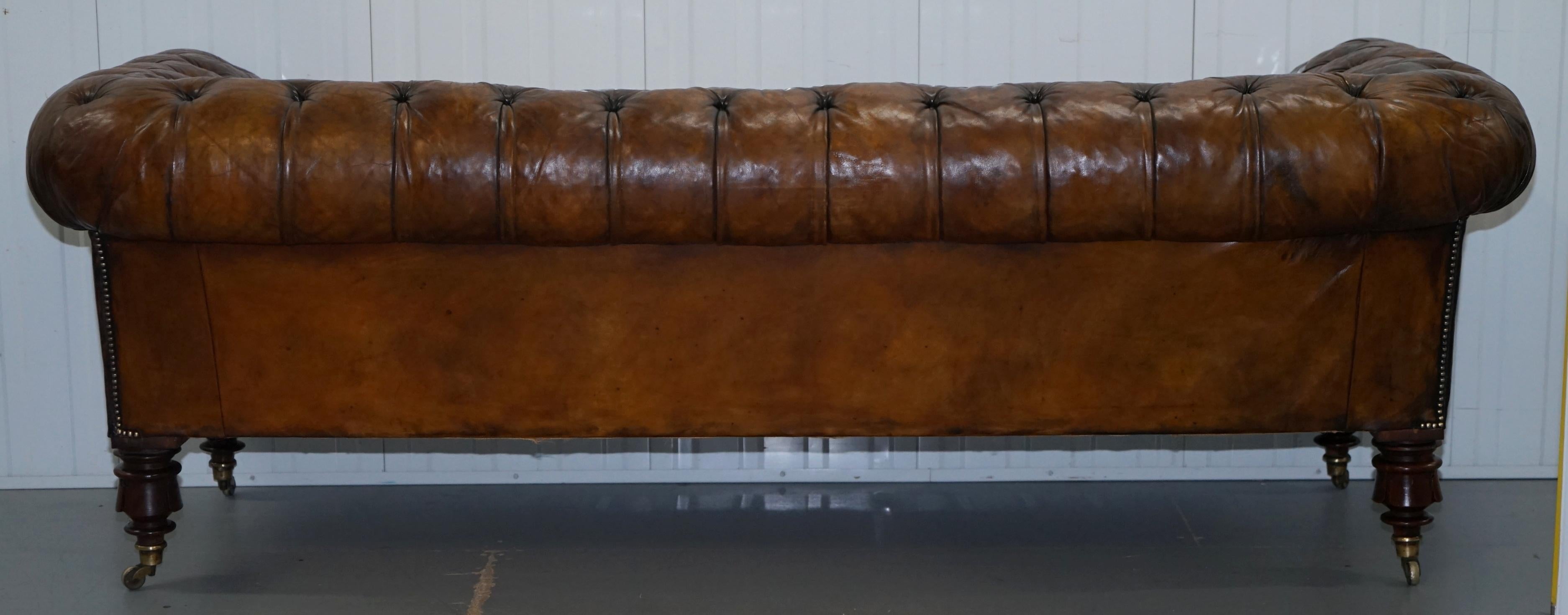 Victorian Horse Hair Fully Restored Brown Leather Chesterfield Sofa Redwood Leg 11
