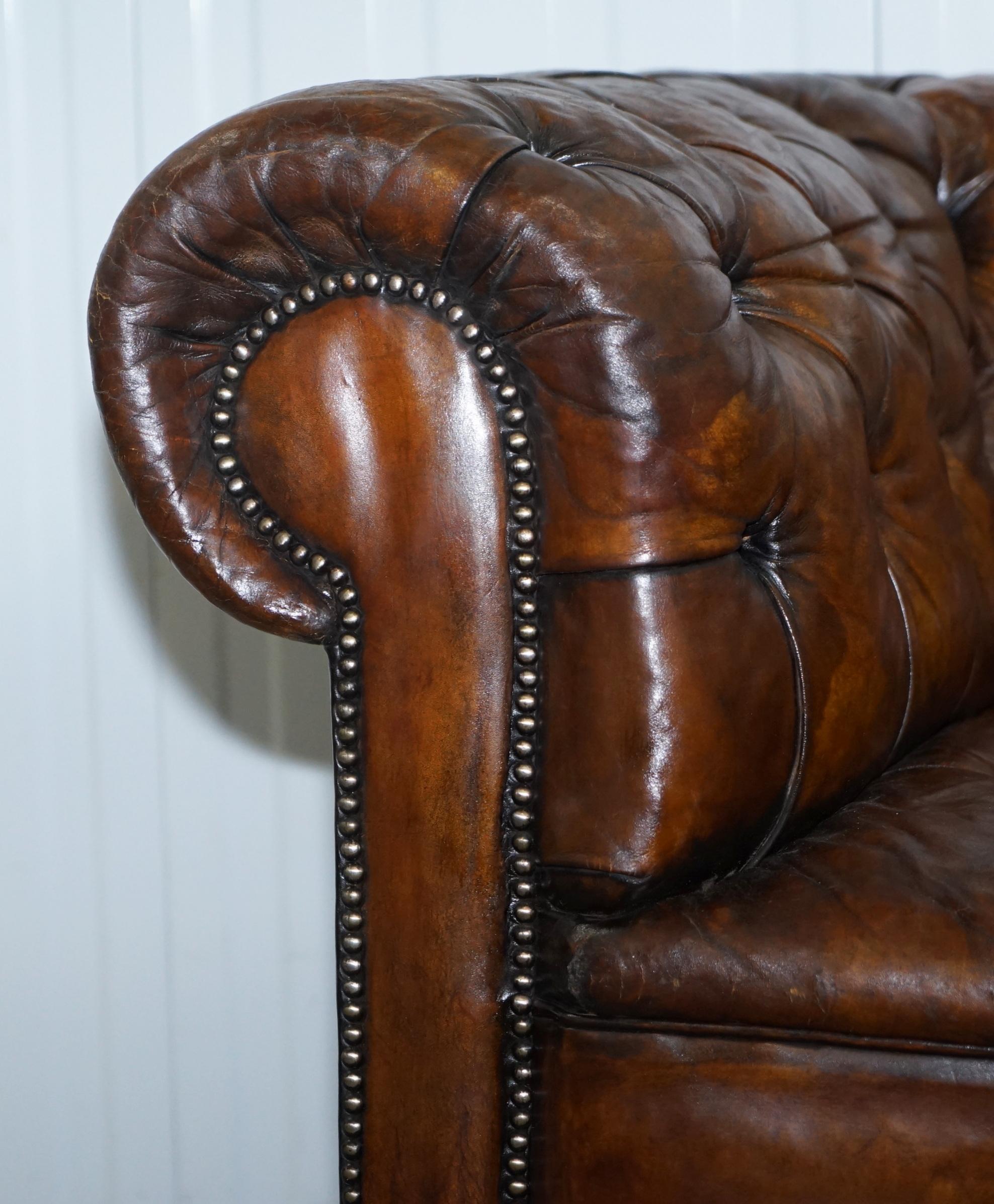 British Victorian Horse Hair Fully Restored Brown Leather Chesterfield Sofa Redwood Leg