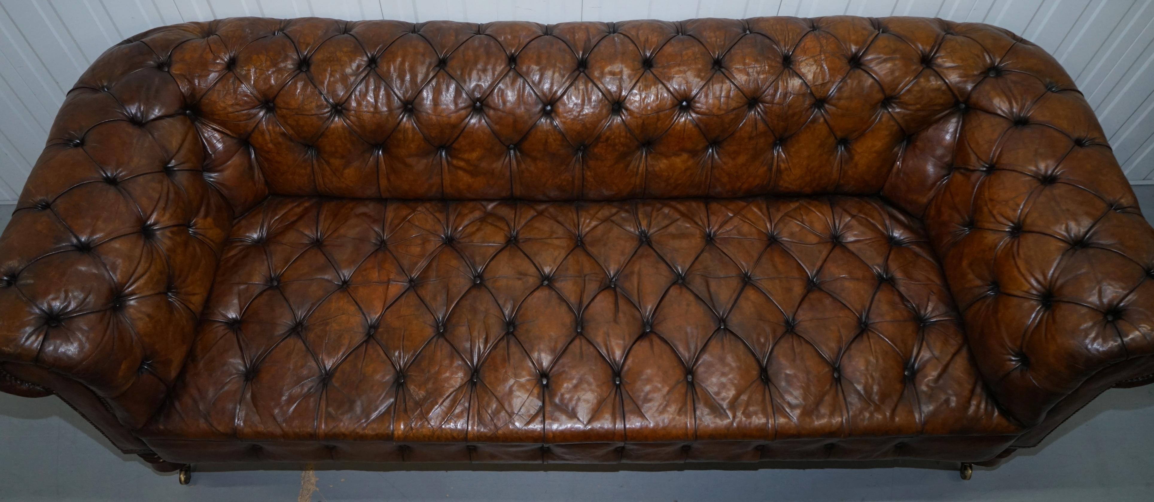 Late 19th Century Victorian Horse Hair Fully Restored Brown Leather Chesterfield Sofa Redwood Leg