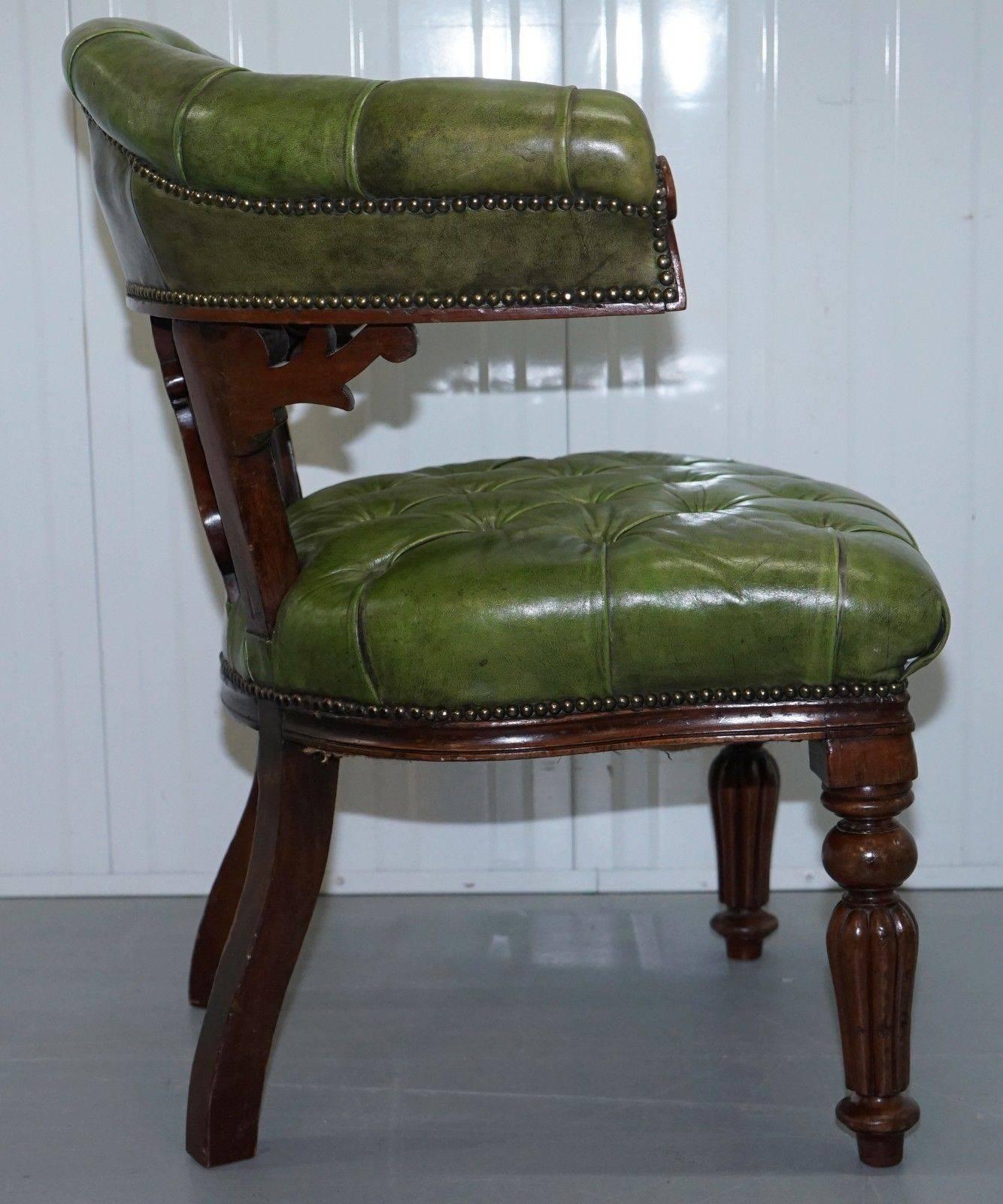 Victorian Horseshoe Back Chesterfield Green Leather Captains Reading Chair 2