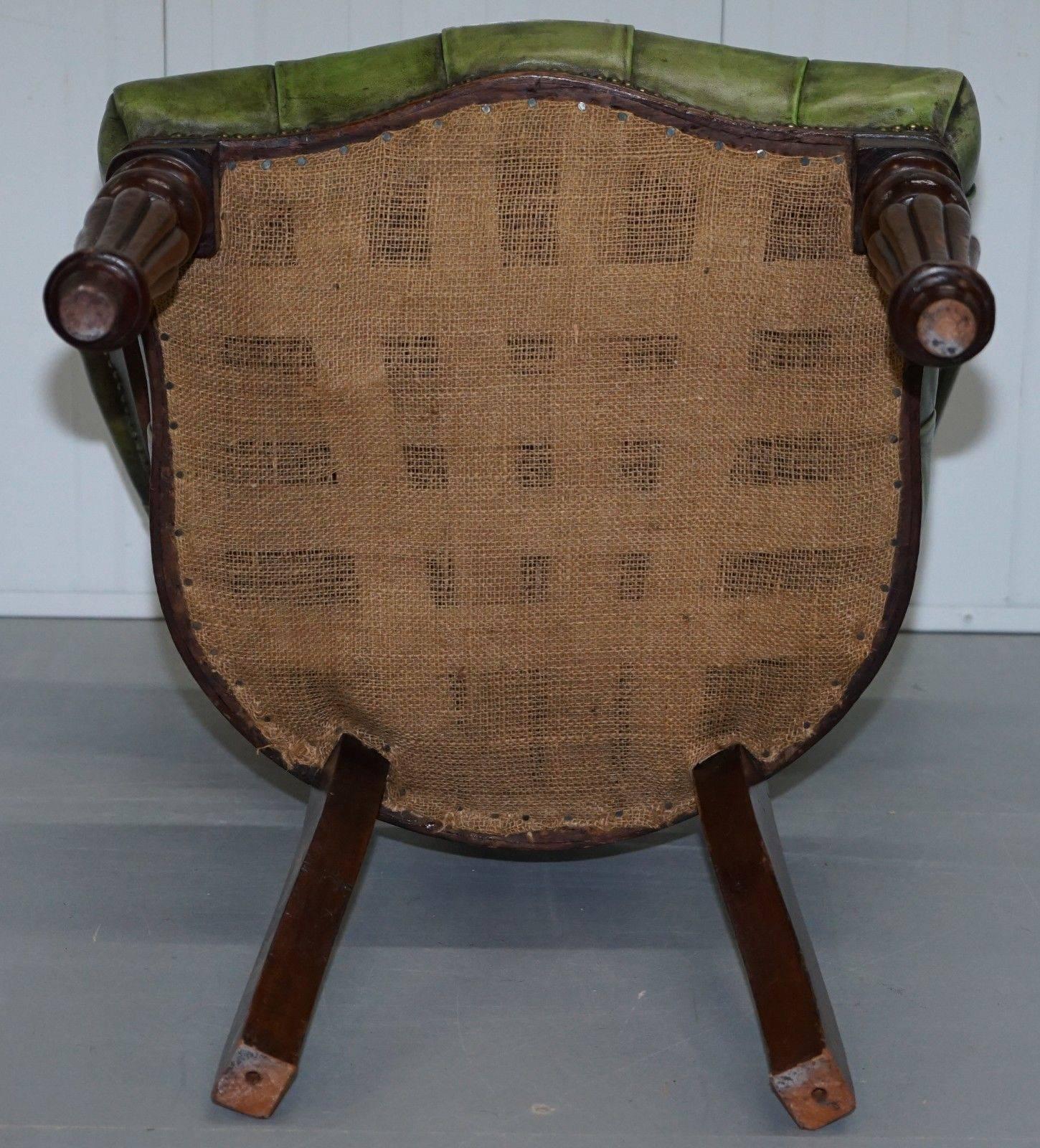 Victorian Horseshoe Back Chesterfield Green Leather Captains Reading Chair 3