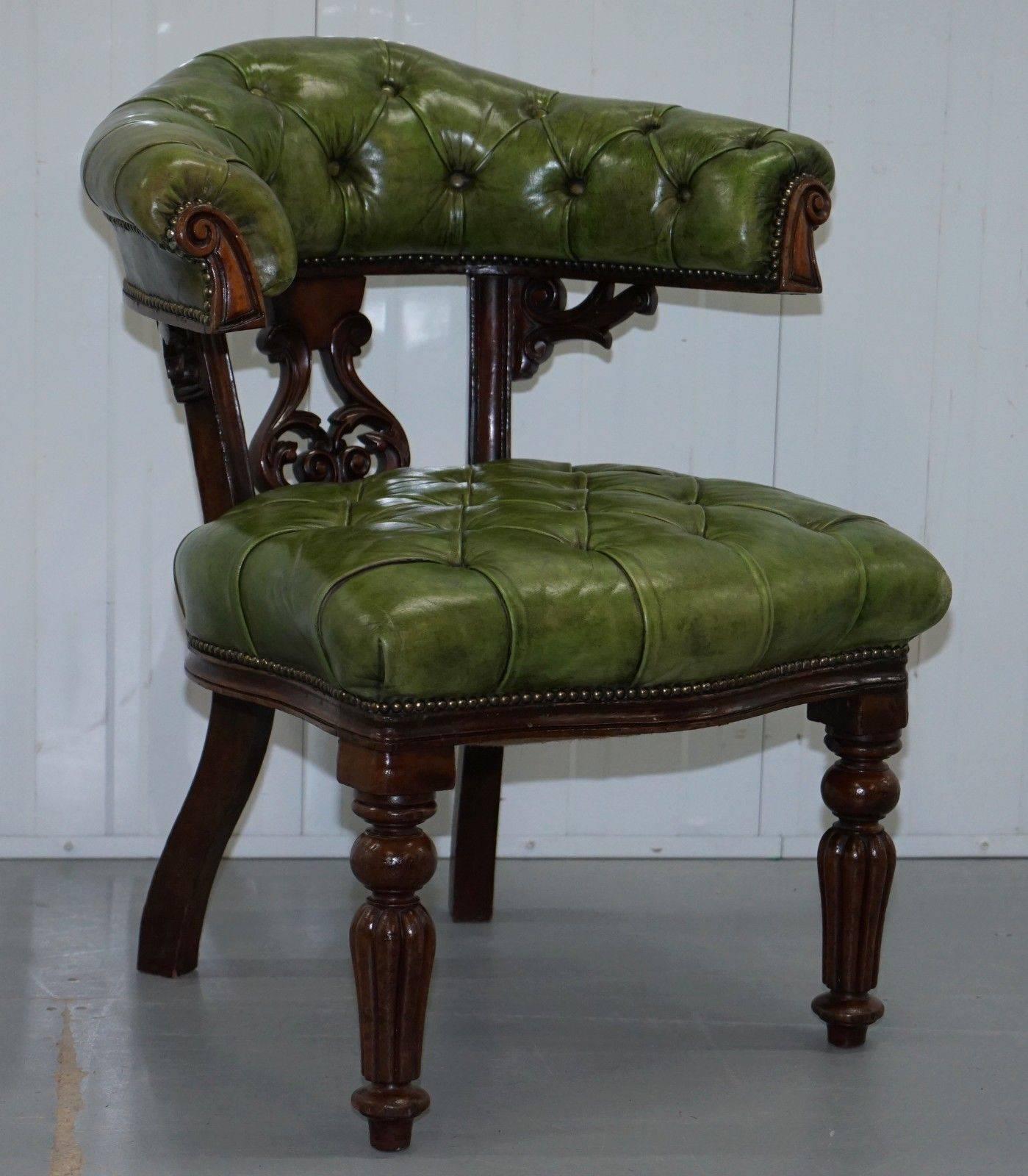 Victorian Horseshoe Back Chesterfield Green Leather Captains Reading Chair 4