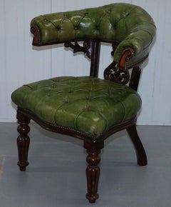 Victorian Horseshoe Back Chesterfield Green Leather Captains Reading Chair