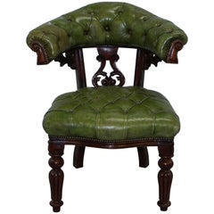 Victorian Horseshoe Back Chesterfield Green Leather Captains Reading Chair