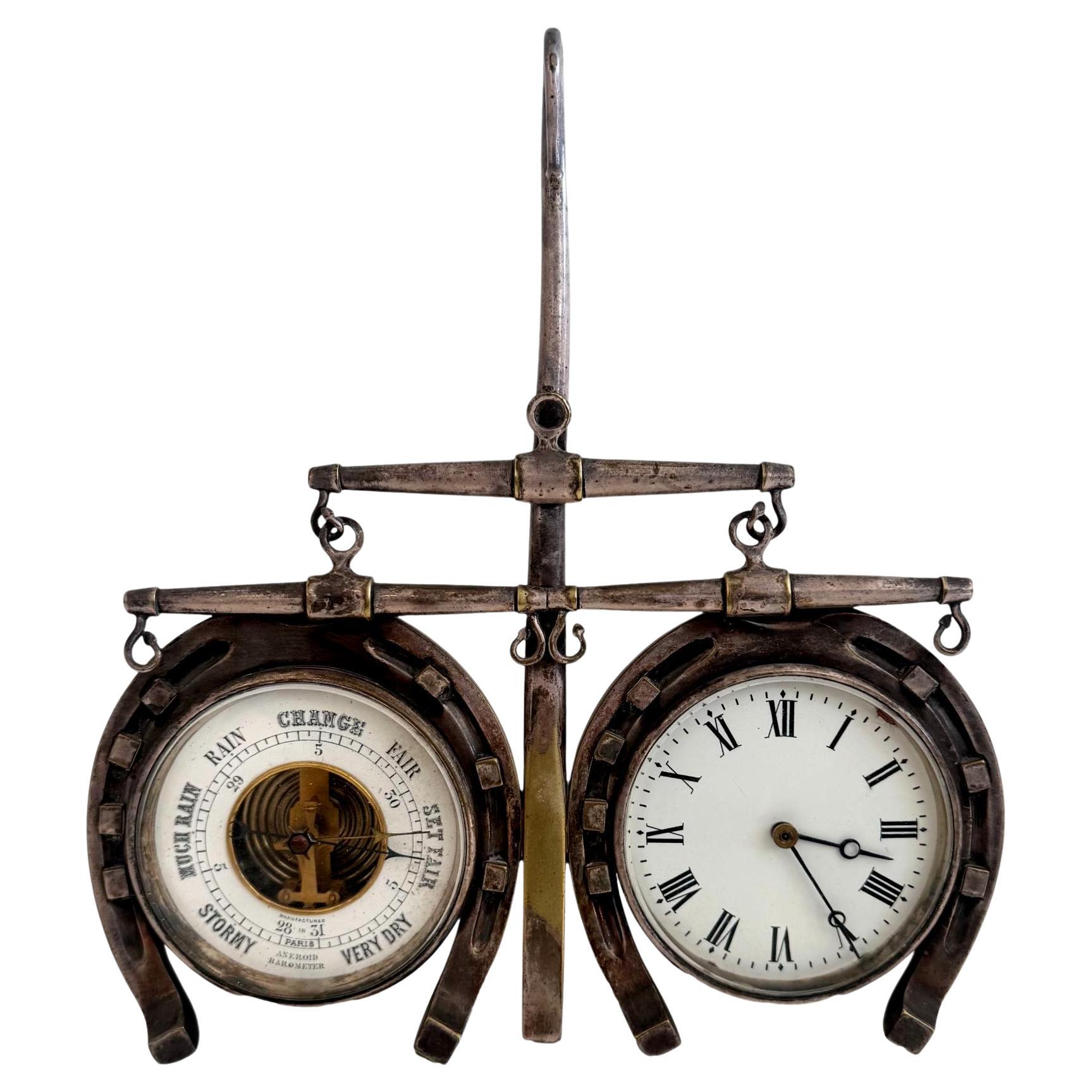 Victorian Horseshoe Hunting Clock with Barometer, 1890s England For Sale