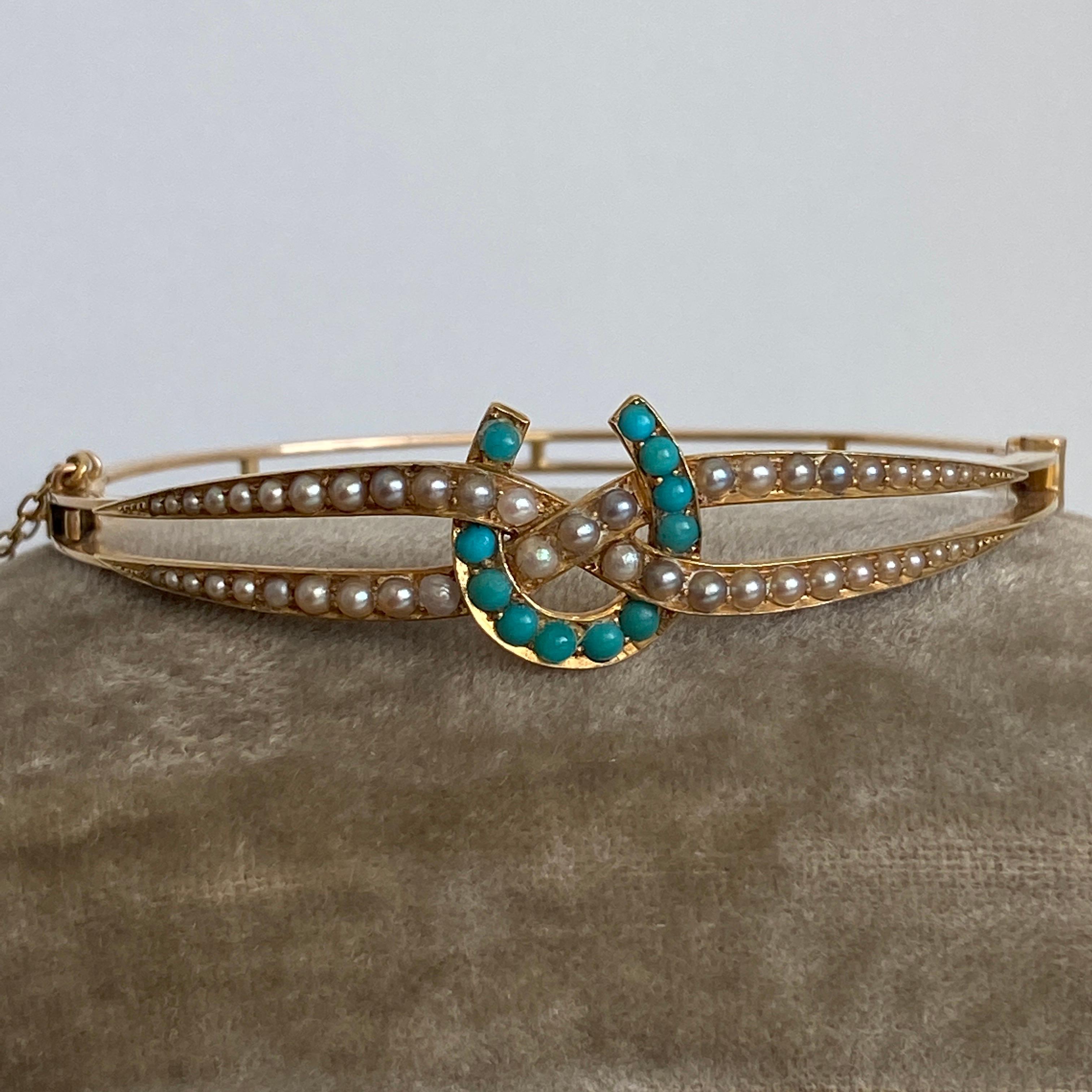 Victorian Horseshoe Turquoise & Seed Pearl 15k Gold Bracelet For Sale 8