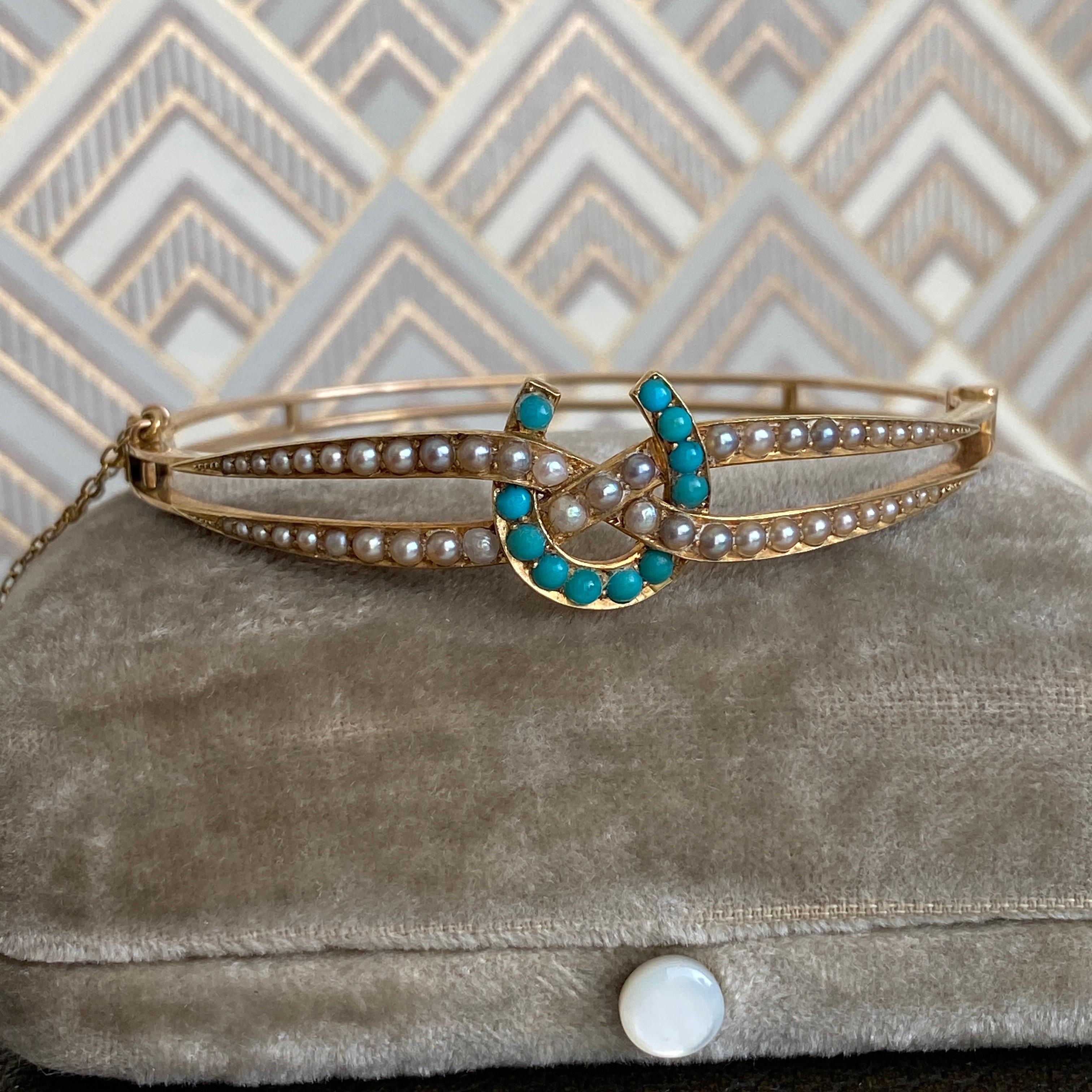 Victorian Horseshoe Turquoise & Seed Pearl 15k Gold Bracelet For Sale 9