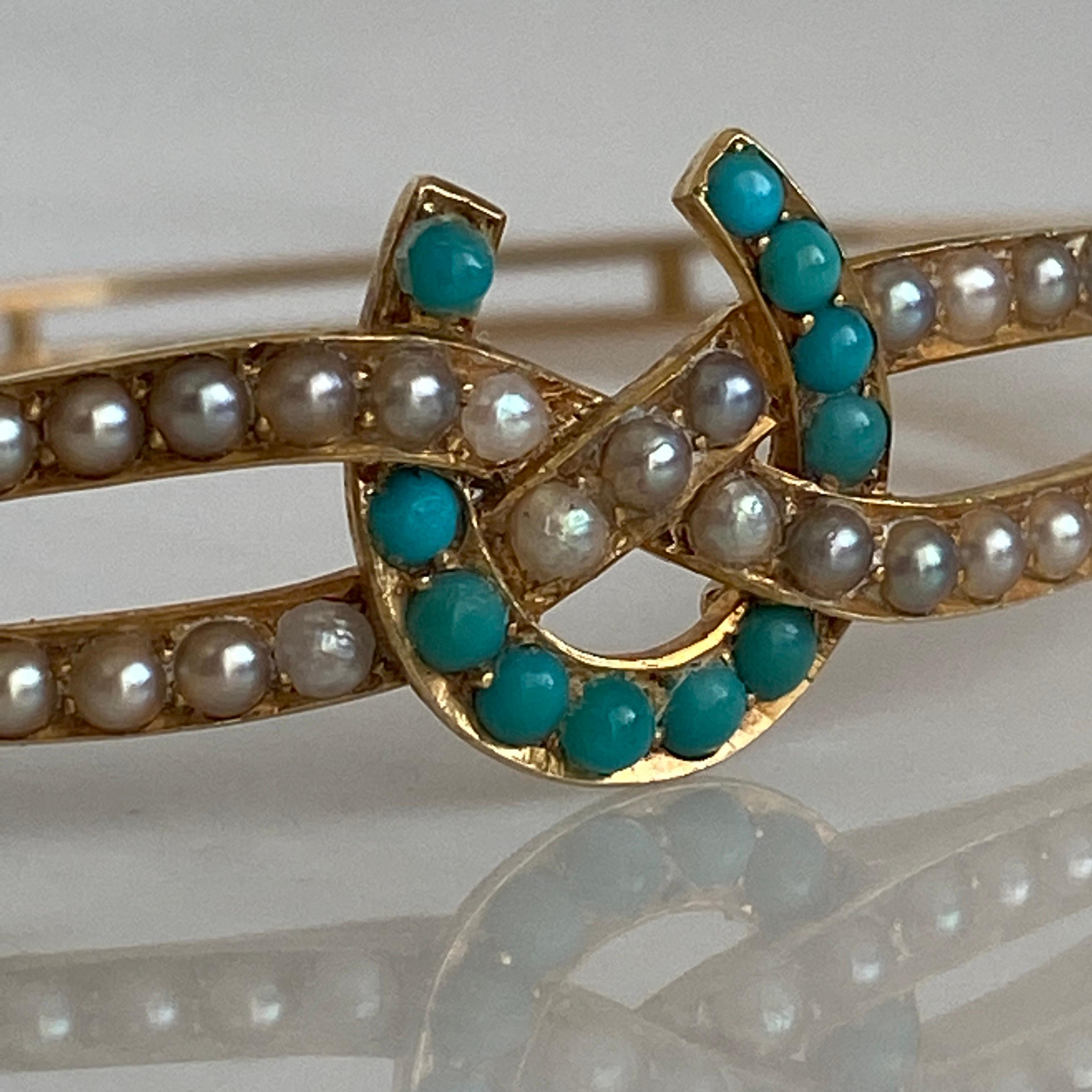 Victorian Horseshoe Turquoise & Seed Pearl 15k Gold Bracelet For Sale 11