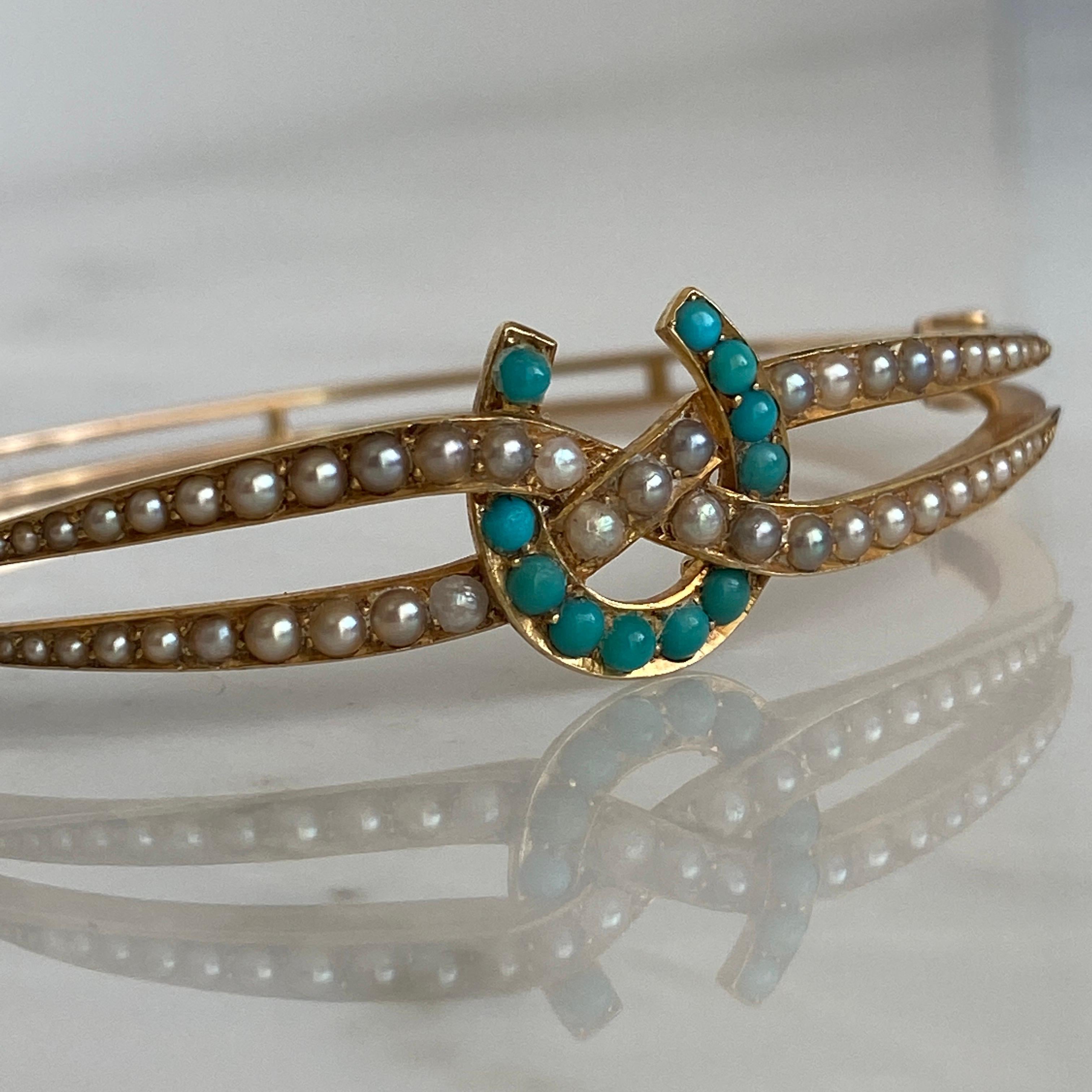 Victorian Horseshoe Turquoise & Seed Pearl 15k Gold Bracelet For Sale 12