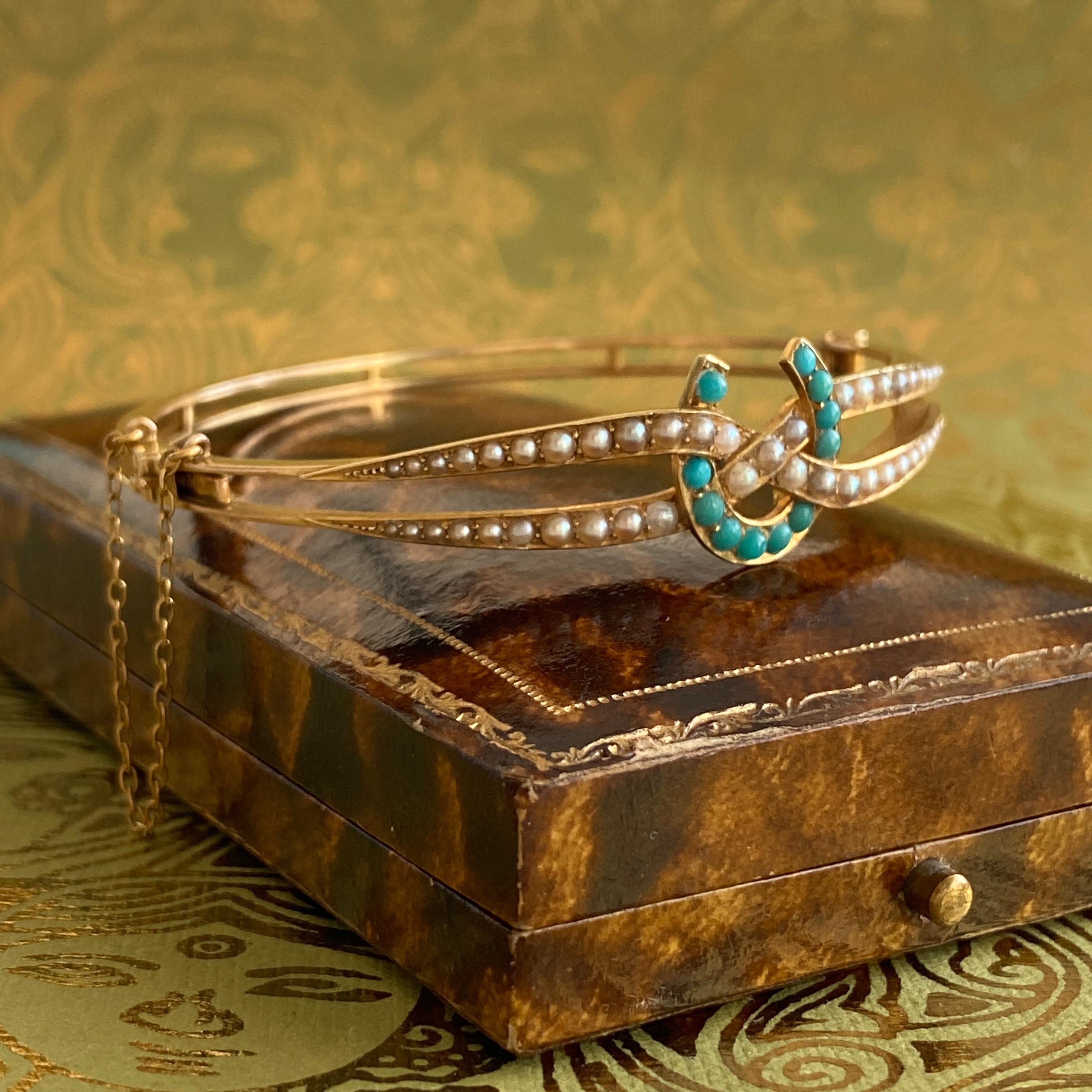 Cabochon Victorian Horseshoe Turquoise & Seed Pearl 15k Gold Bracelet For Sale
