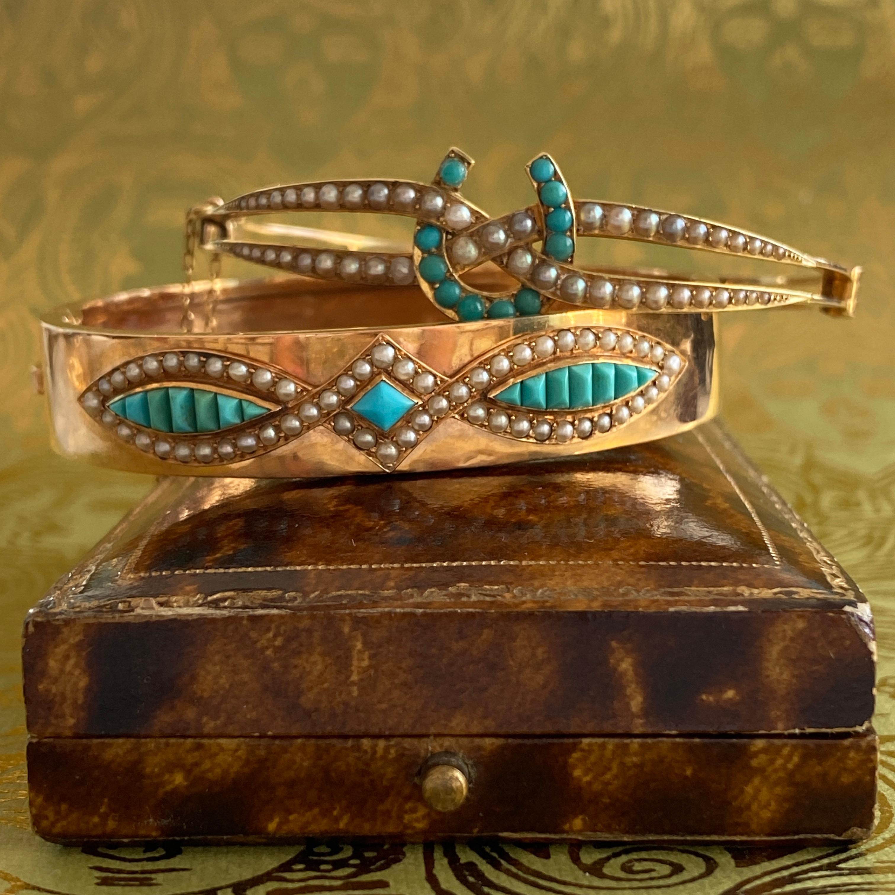 Victorian Horseshoe Turquoise & Seed Pearl 15k Gold Bracelet For Sale 2