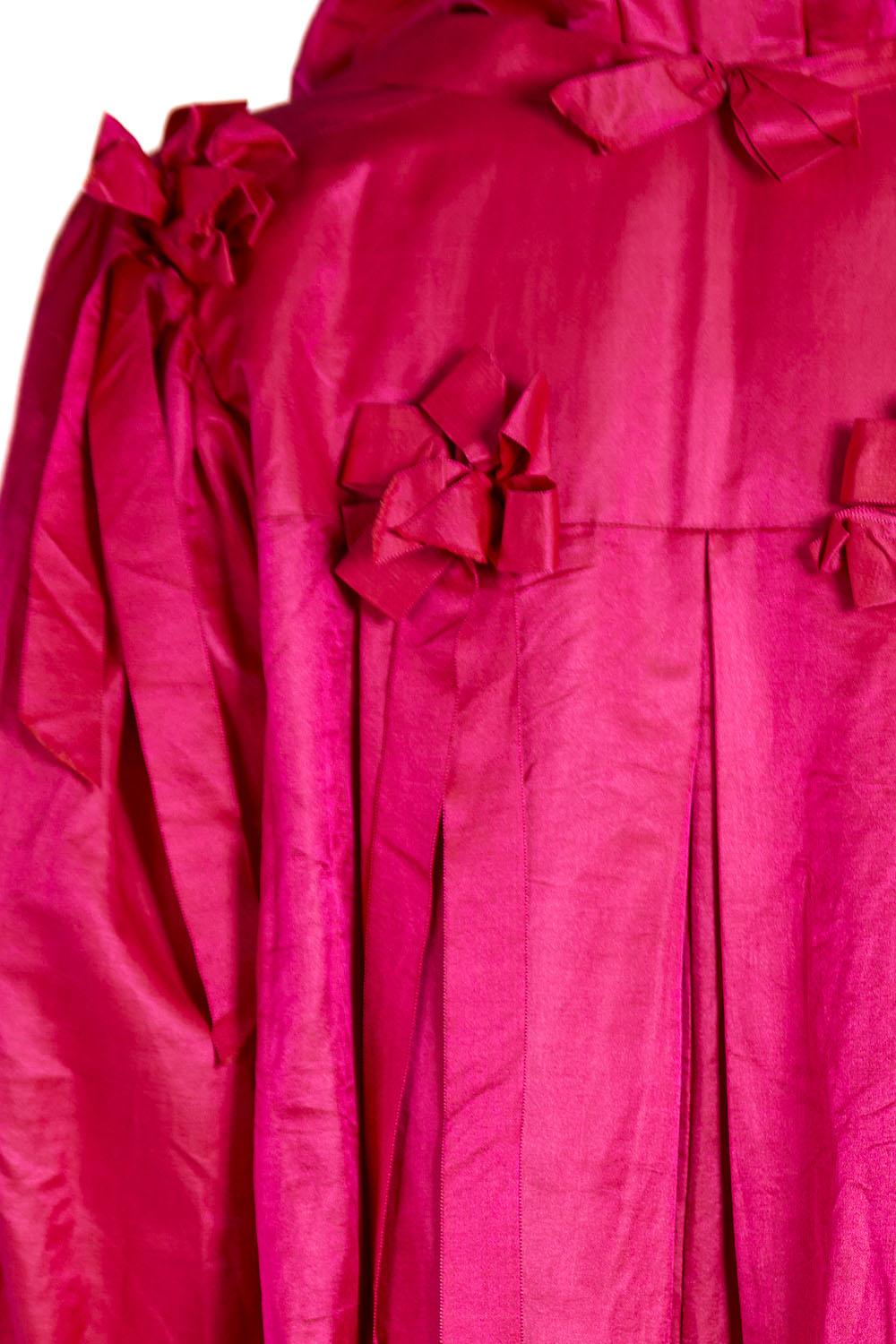 Victorian Hot Pink Silk & Cotton Sateen Hooded House Dress With Ribbons For Sale 6