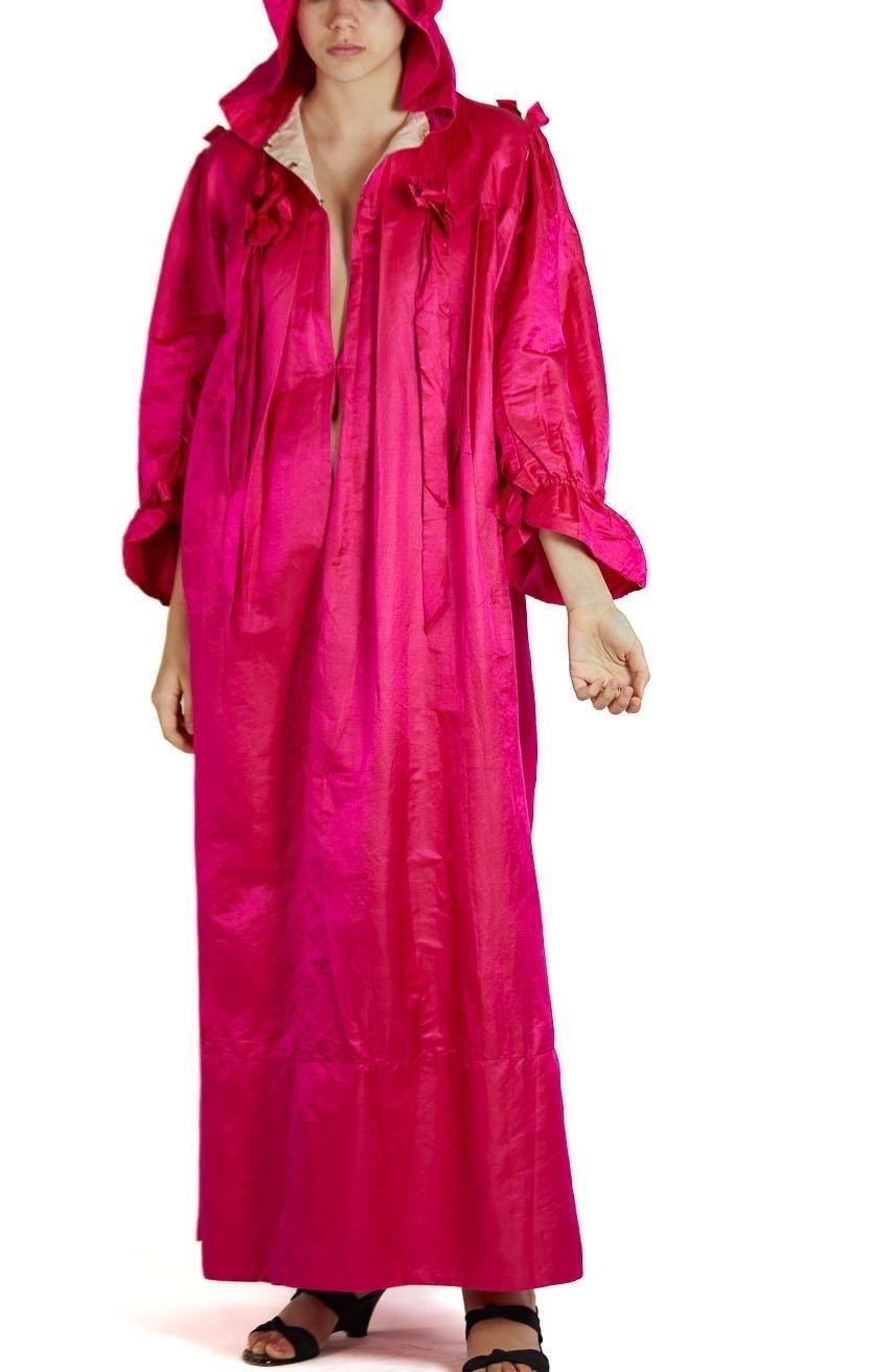 Victorian Hot Pink Silk & Cotton Sateen Hooded House Dress With Ribbons For Sale 1