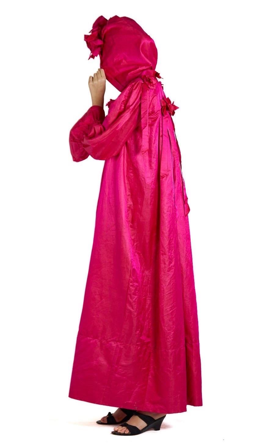 Victorian Hot Pink Silk & Cotton Sateen Hooded House Dress With Ribbons For Sale 2