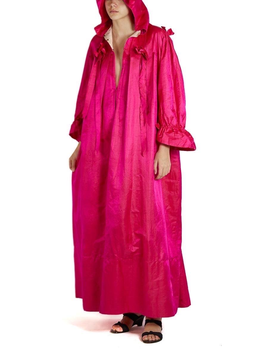 Victorian Hot Pink Silk & Cotton Sateen Hooded House Dress With Ribbons For Sale 4