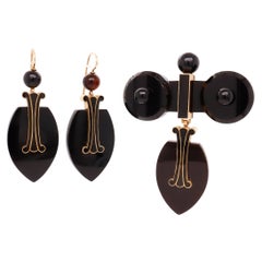 Victorian Howard & Co. 14K Gold, Onyx & Enamel Mourning Brooch & Earrings Parure