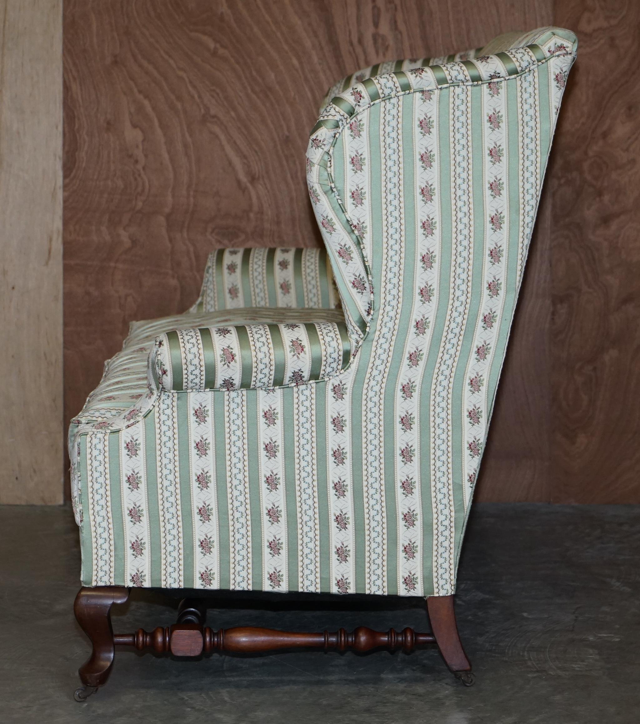 Victorian Howard & Sons Ticking Fabric Upholstered Double Wingback Sofa Armchair For Sale 4