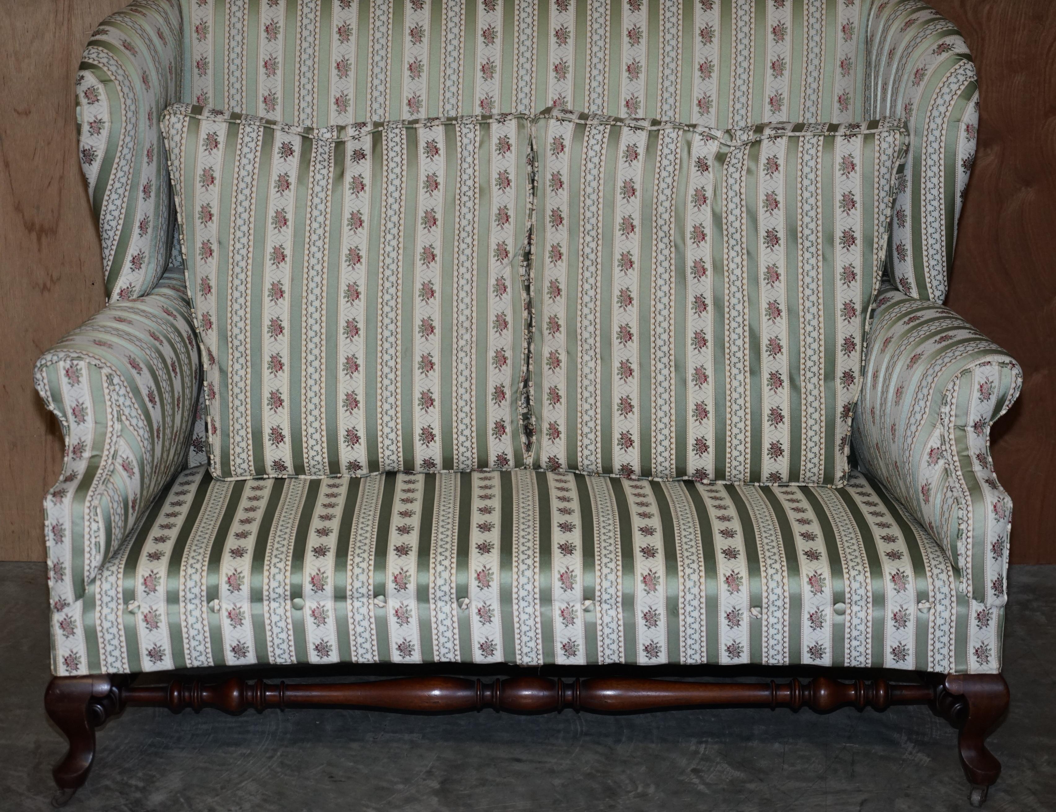 Victorian Howard & Sons Ticking Fabric Upholstered Double Wingback Sofa Armchair For Sale 6