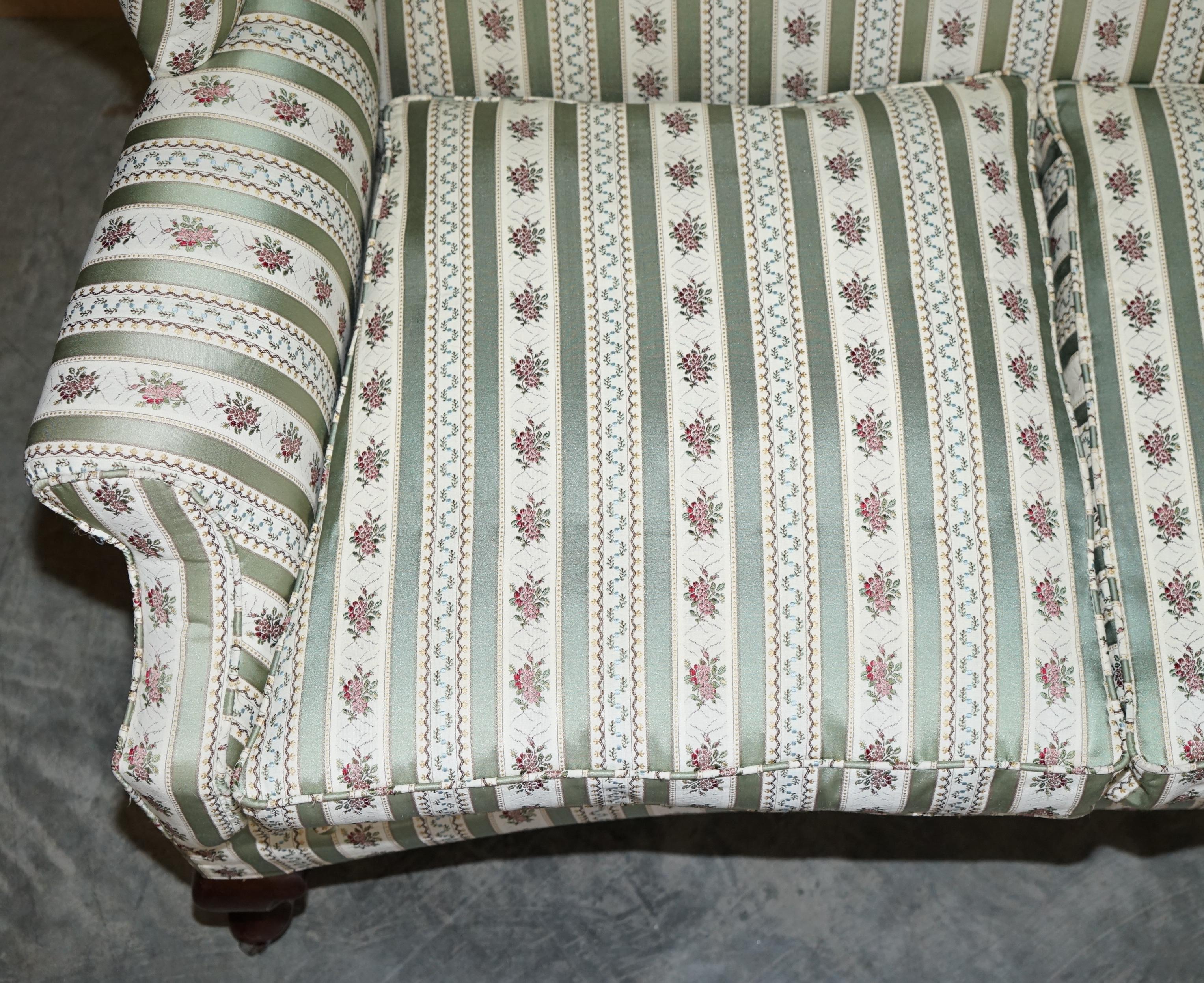 19th Century Victorian Howard & Sons Ticking Fabric Upholstered Double Wingback Sofa Armchair For Sale