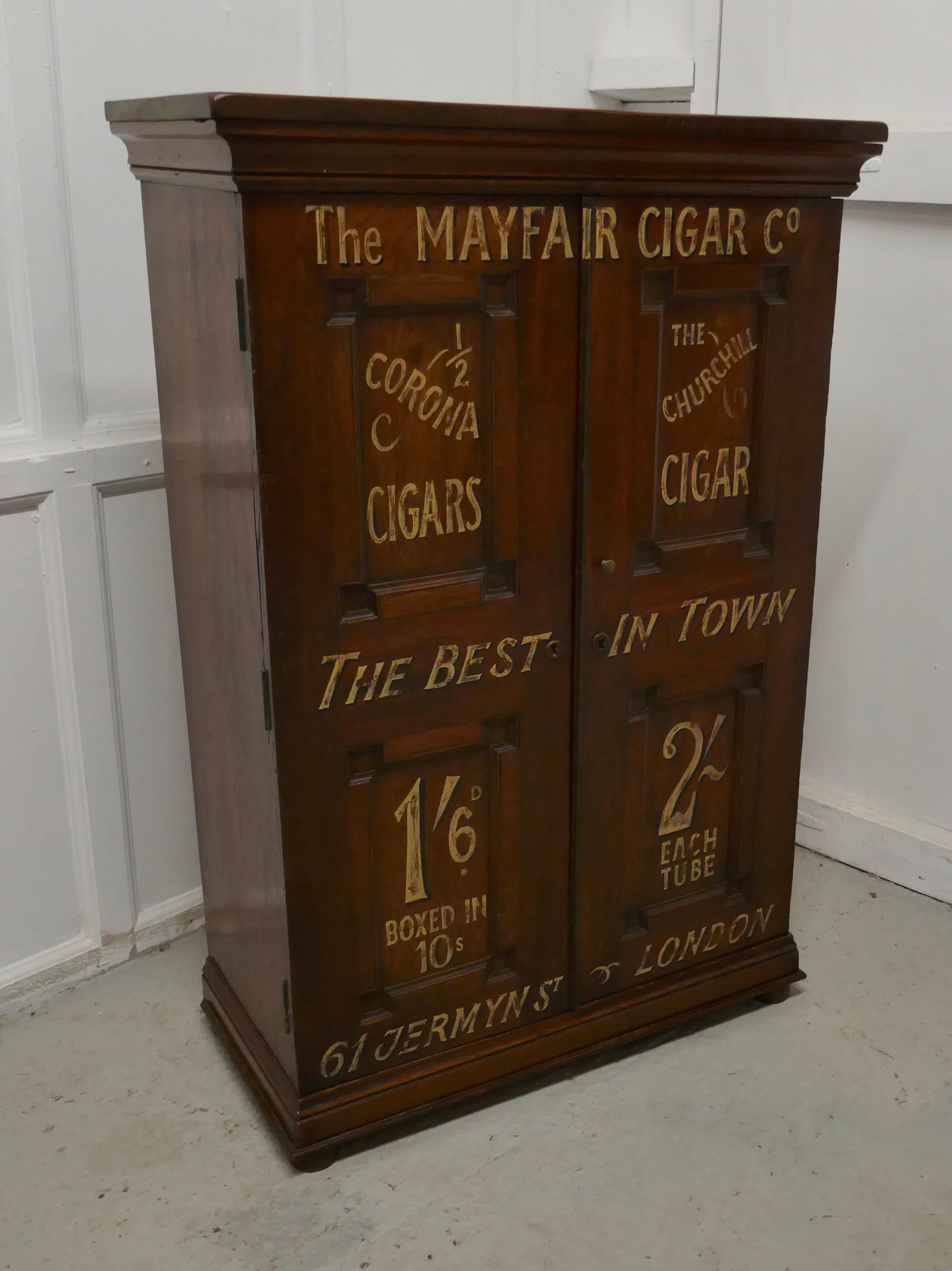 Victorian humidor painted for cigar store display


This is a 19th century shop humidor, each of the doors is stamped FORFINA CORONA, the doors of the cupboard have been painted advertising the MAYFIAR CIGAR Co, advertising their quality Cigars,