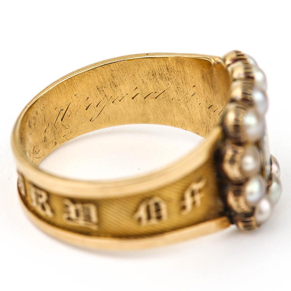 Victorian In Memory Of 18k Gold, Black Enamel and Pearl Mourning Ring circa 1885 1