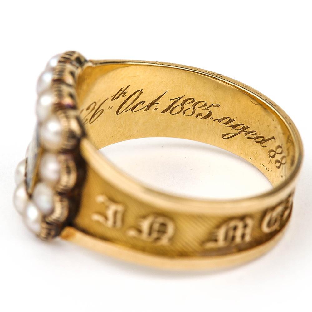 Victorian In Memory Of 18k Gold, Black Enamel and Pearl Mourning Ring circa 1885 2