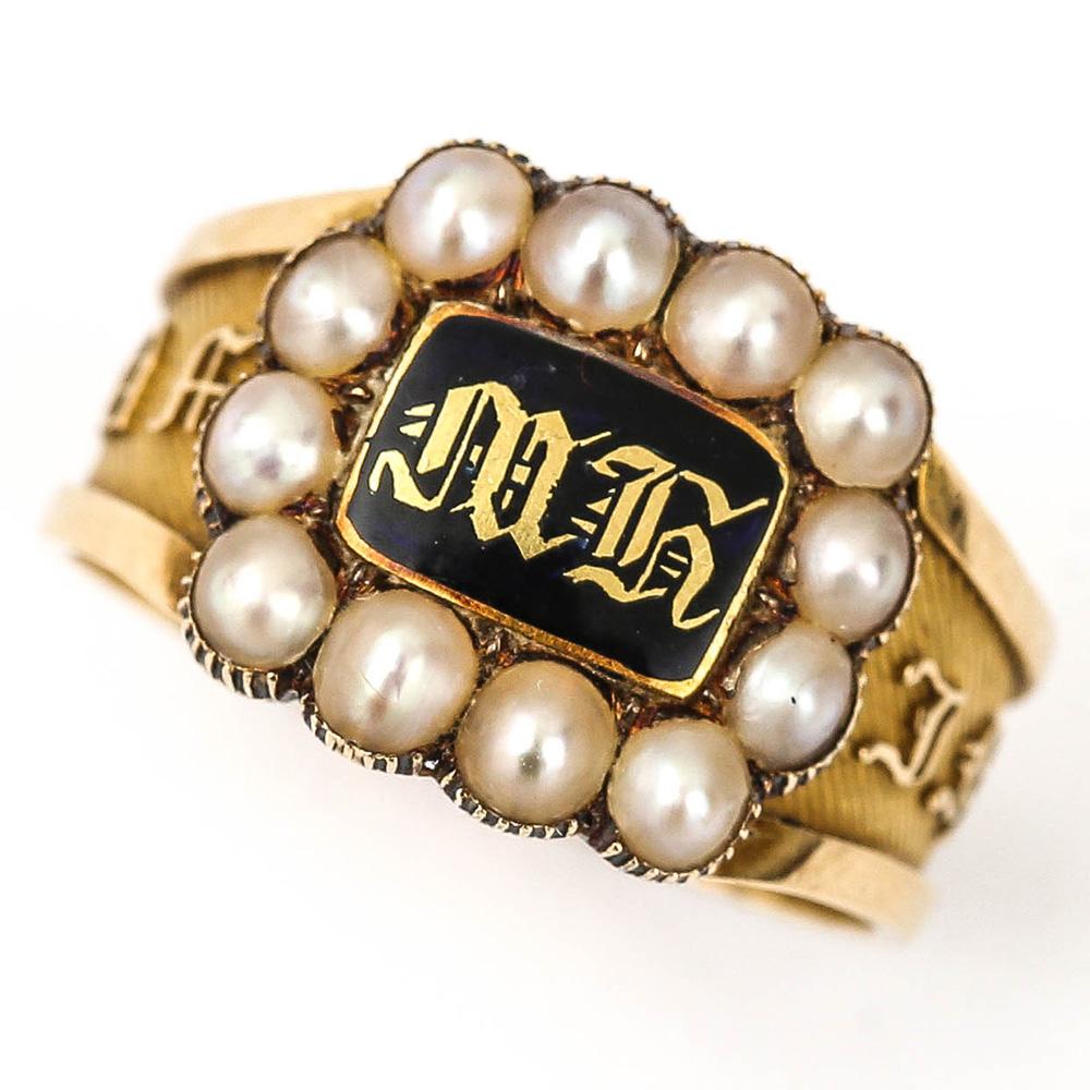 Victorian In Memory Of 18k Gold, Black Enamel and Pearl Mourning Ring circa 1885 3