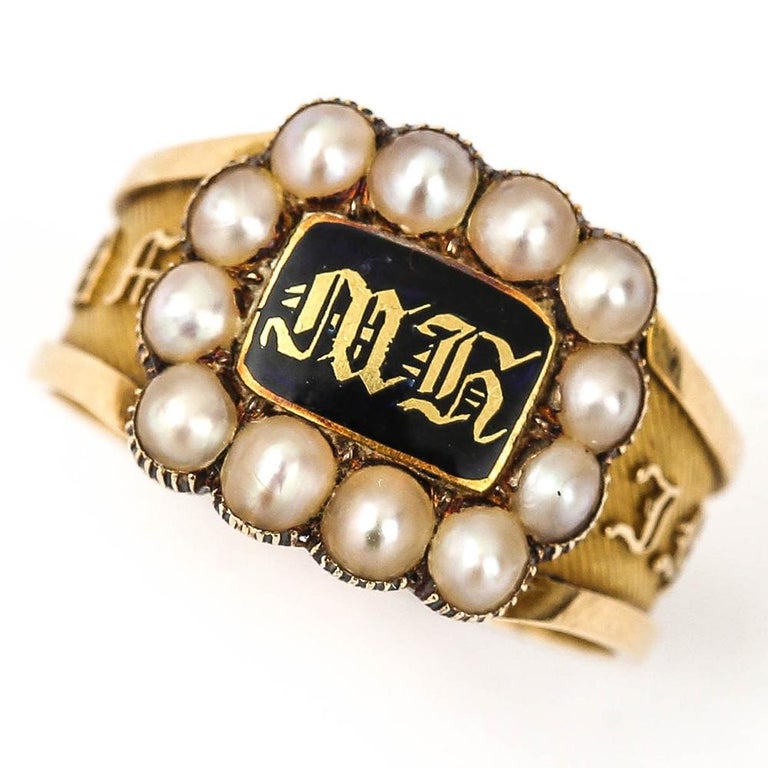 Victorian In Memory Of 18k Gold, Black Enamel and Pearl Mourning Ring circa 1885 For Sale 7