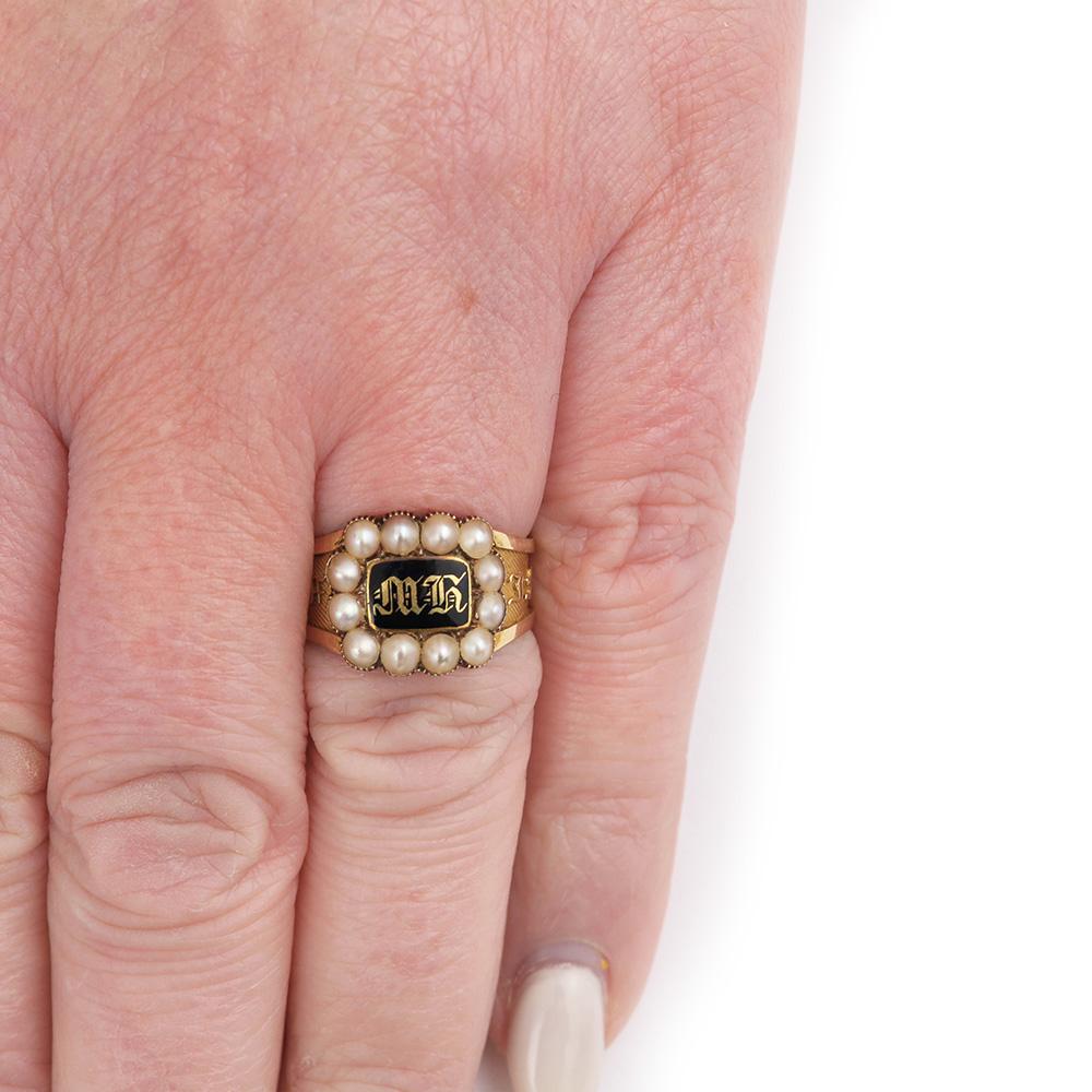 Victorian In Memory Of 18k Gold, Black Enamel and Pearl Mourning Ring circa 1885 5